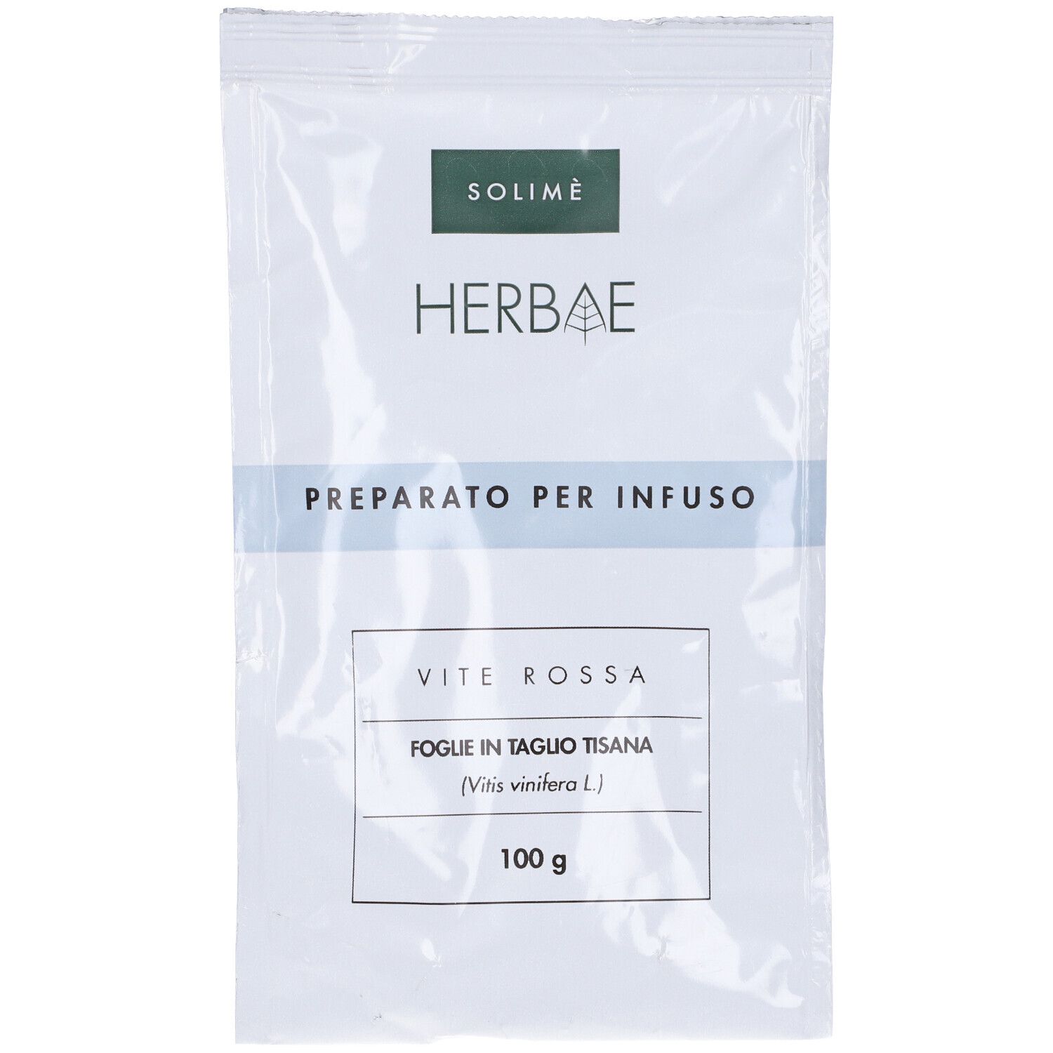 Busta con SOLIMÈ HERBAE, PREPARATO PER INFUSO, VITE ROSSA, FOGLIE IN TAGLIO TISANA, 100 g.