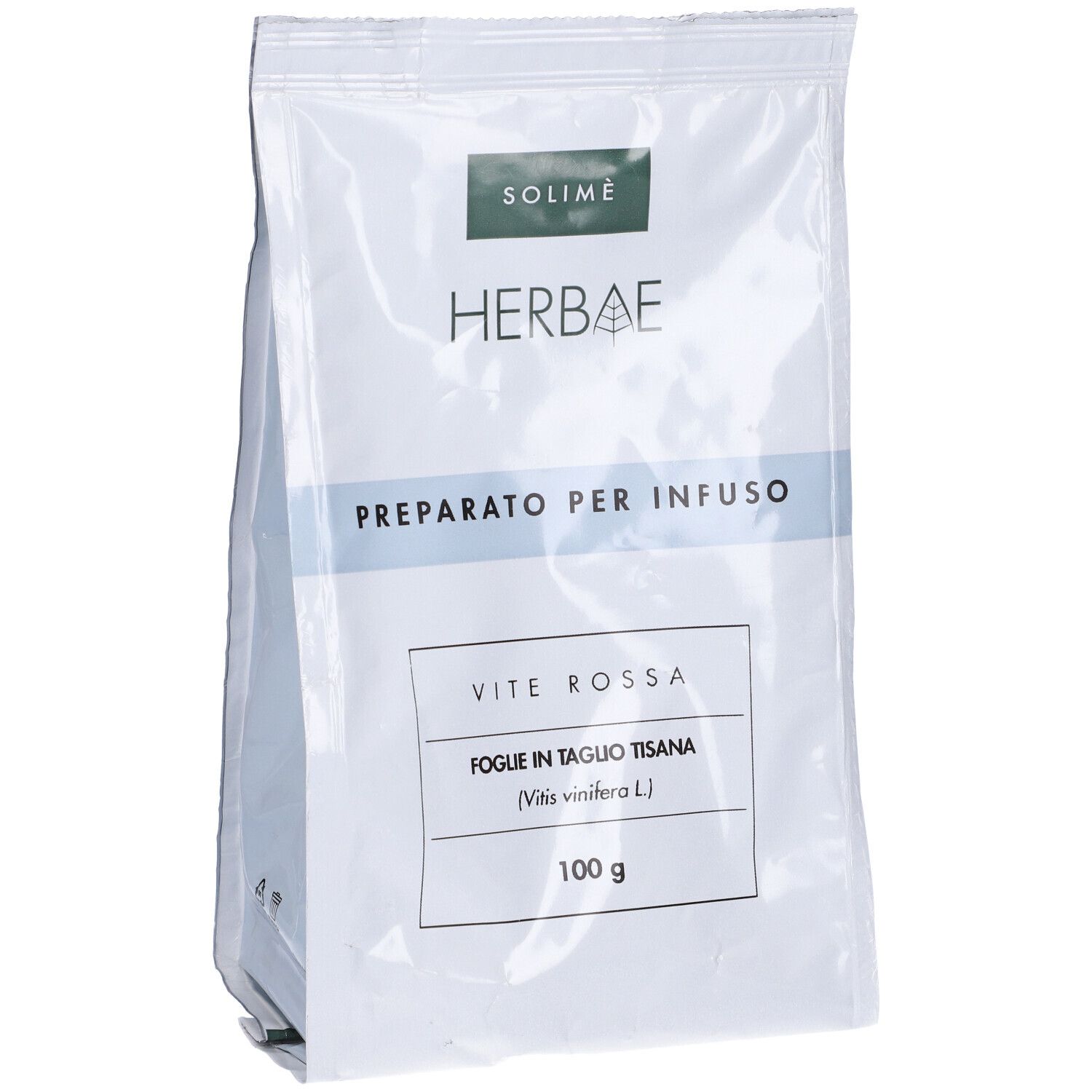 Busta con SOLIMÈ HERBAE, PREPARATO PER INFUSO, VITE ROSSA, FOGLIE IN TAGLIO TISANA, 100 g.