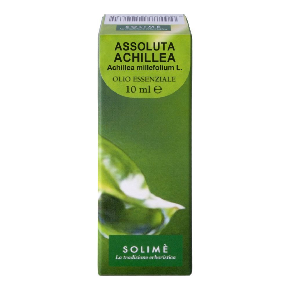 Scatola verde con testo. Contiene: Achillea Millefoglie Olio Essenziale 10 ml. Marchio: SOLIMÈ. Immagine di foglia.