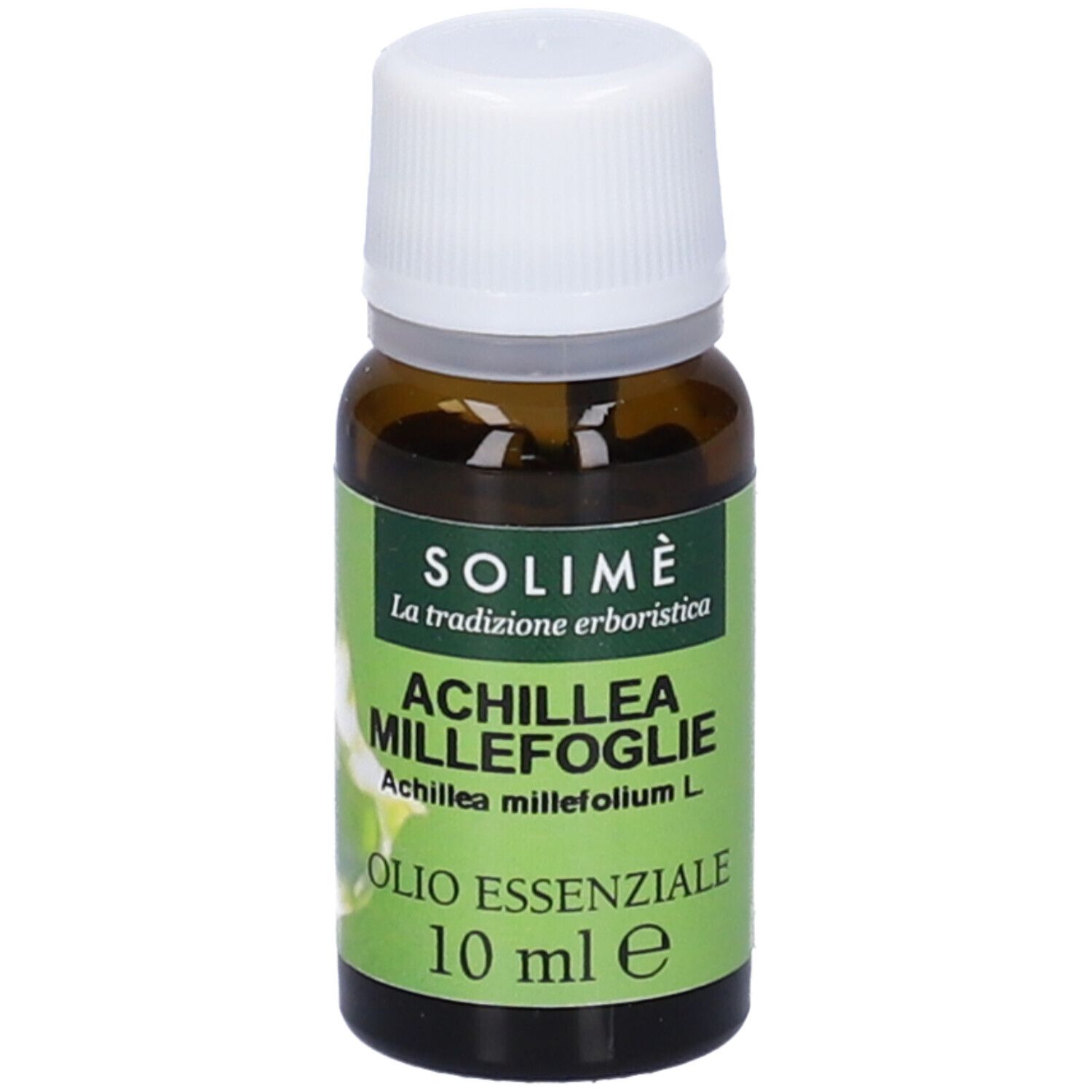 Flacone di vetro marrone con tappo bianco. Etichetta: Achillea Millefoglie Olio Essenziale 10 ml. Marchio: SOLIMÈ.