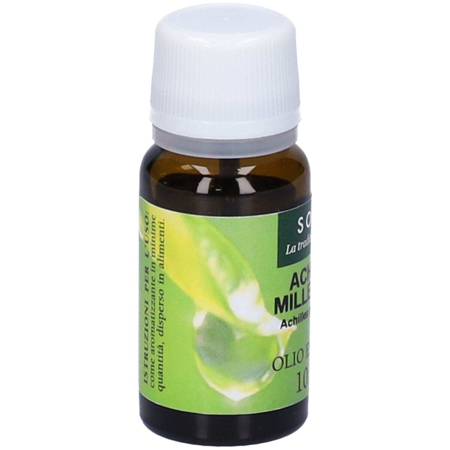 Flacone di vetro marrone con tappo bianco. Etichetta: Achillea Millefoglie Olio Essenziale 10 ml. Marchio: SOLIMÈ.