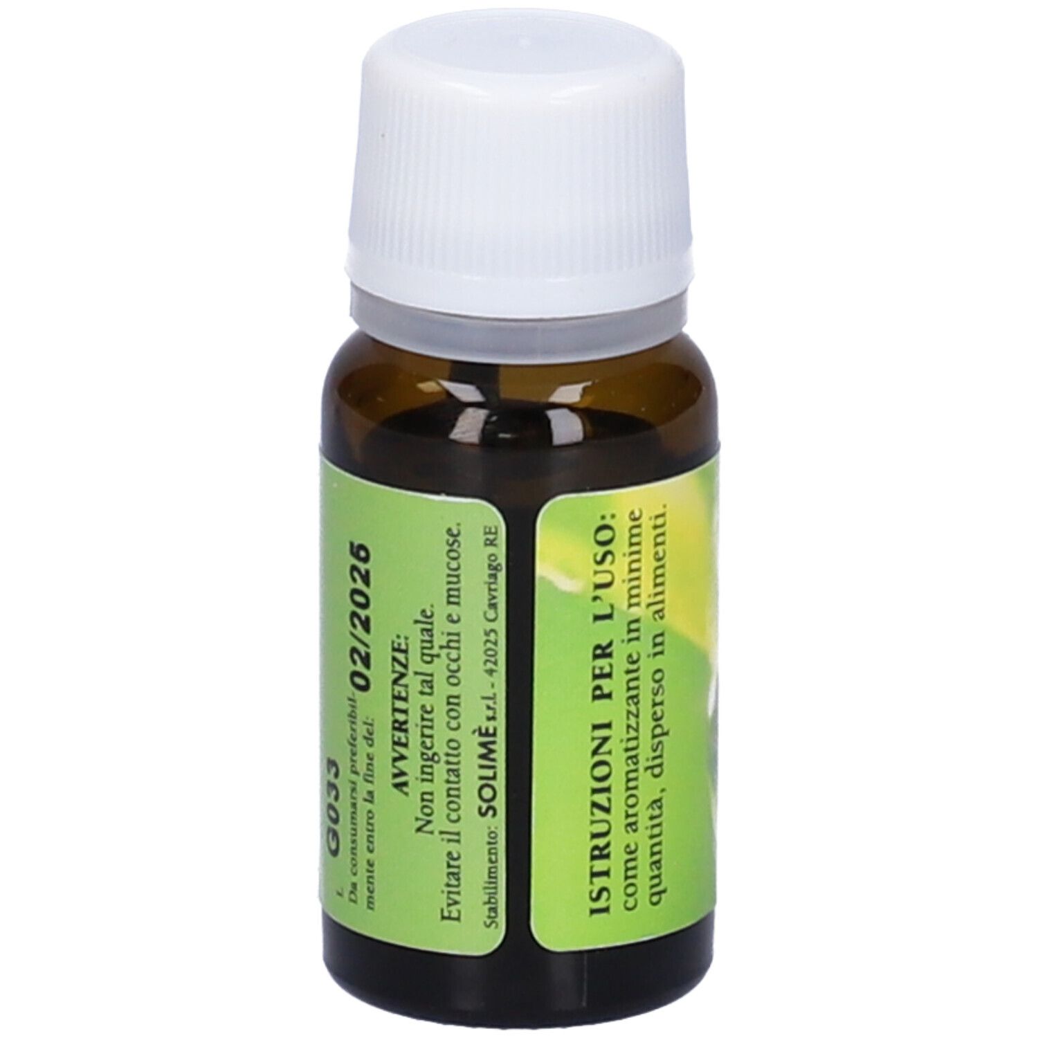 Flacone di vetro marrone con tappo bianco. Etichetta: Achillea Millefoglie Olio Essenziale 10 ml. Marchio: SOLIMÈ.