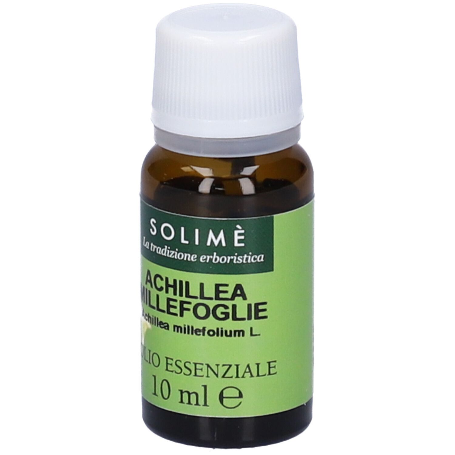 Flacone di vetro marrone con tappo bianco. Etichetta: Achillea Millefoglie Olio Essenziale 10 ml. Marchio: SOLIMÈ.