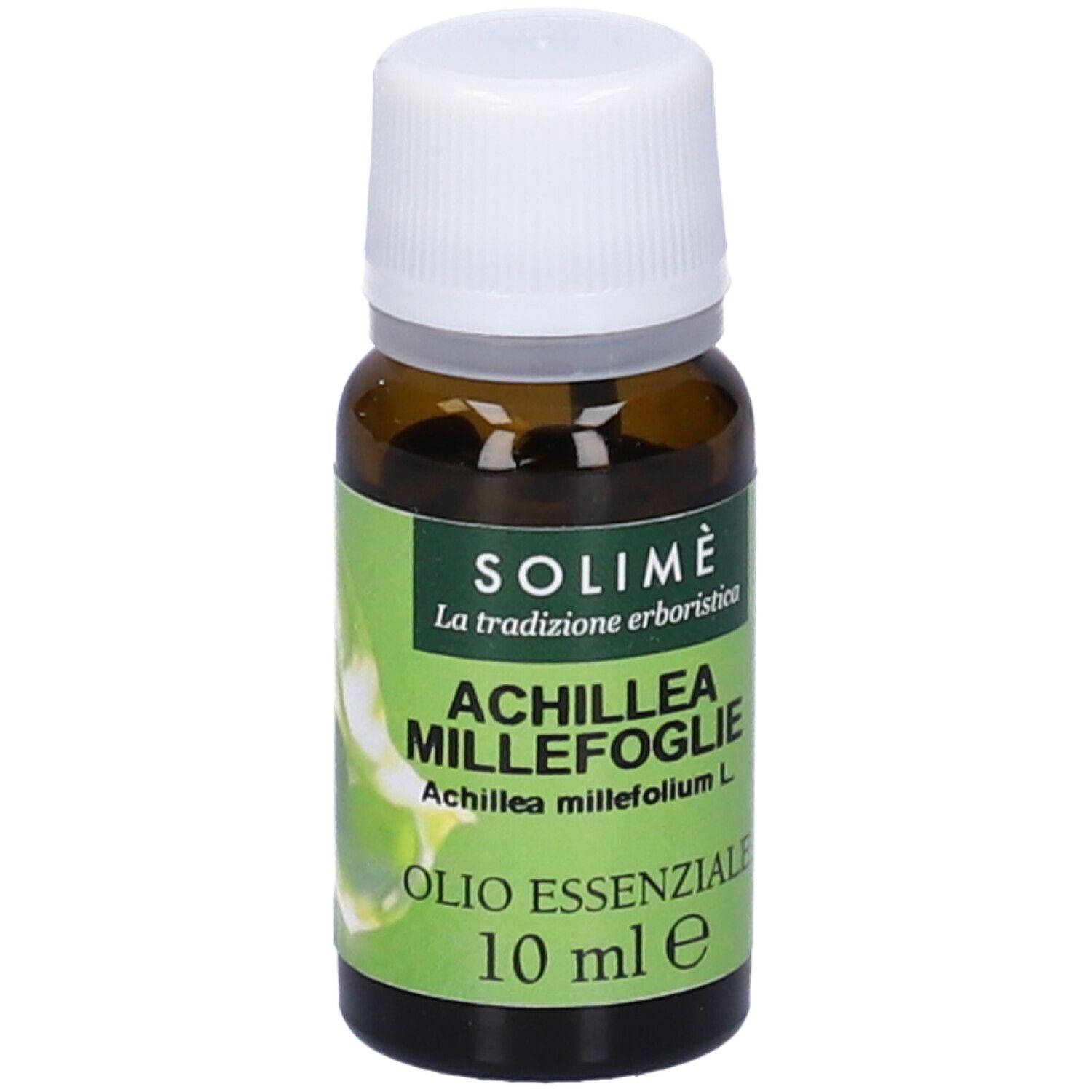 Flacone di vetro marrone con tappo bianco. Etichetta: Achillea Millefoglie Olio Essenziale 10 ml. Marchio: SOLIMÈ.