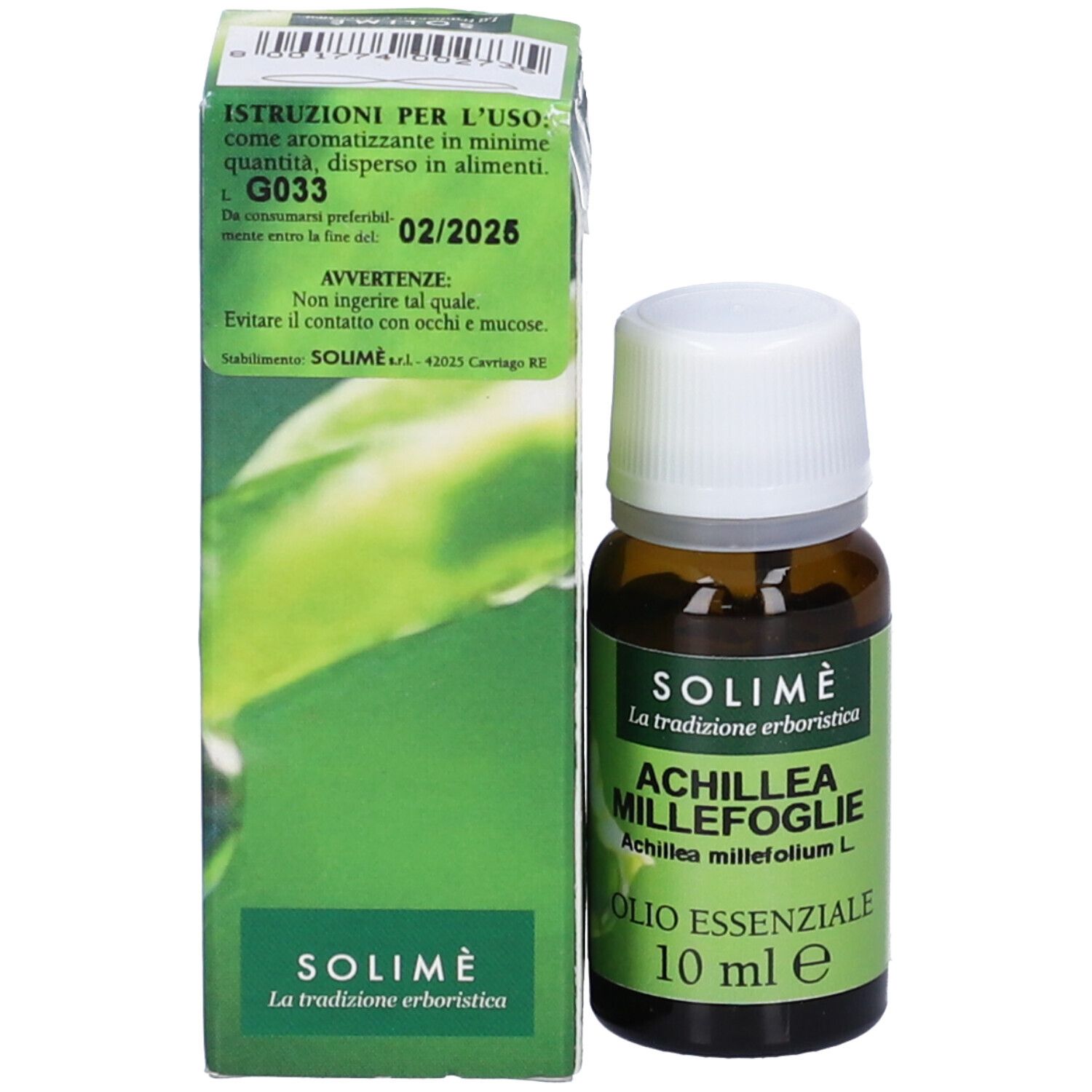 Flacone di vetro marrone e scatola. Sulla scatola: Achillea Millefoglie Olio Essenziale 10 ml. Marchio: SOLIMÈ.