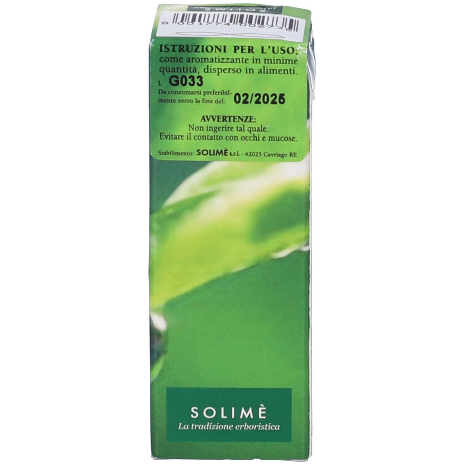 Scatola con testo: Achillea Millefoglie Olio Essenziale 10 ml. Marchio: SOLIMÈ. Contiene avvertenze e data di scadenza.