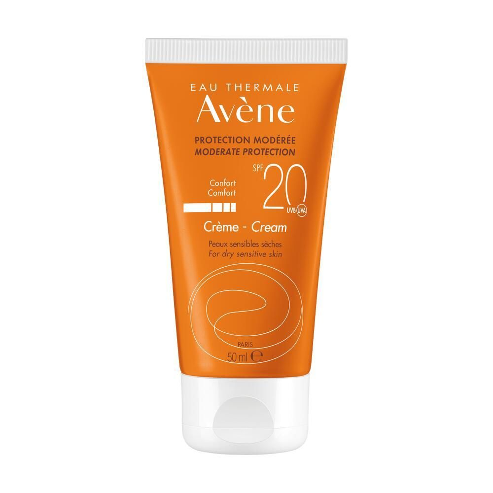 Tubo arancione con tappo bianco. Scritta: Eau Thermale Avène, Protection Modérée SPF 20, Crème, per pelli secche e sensibili.