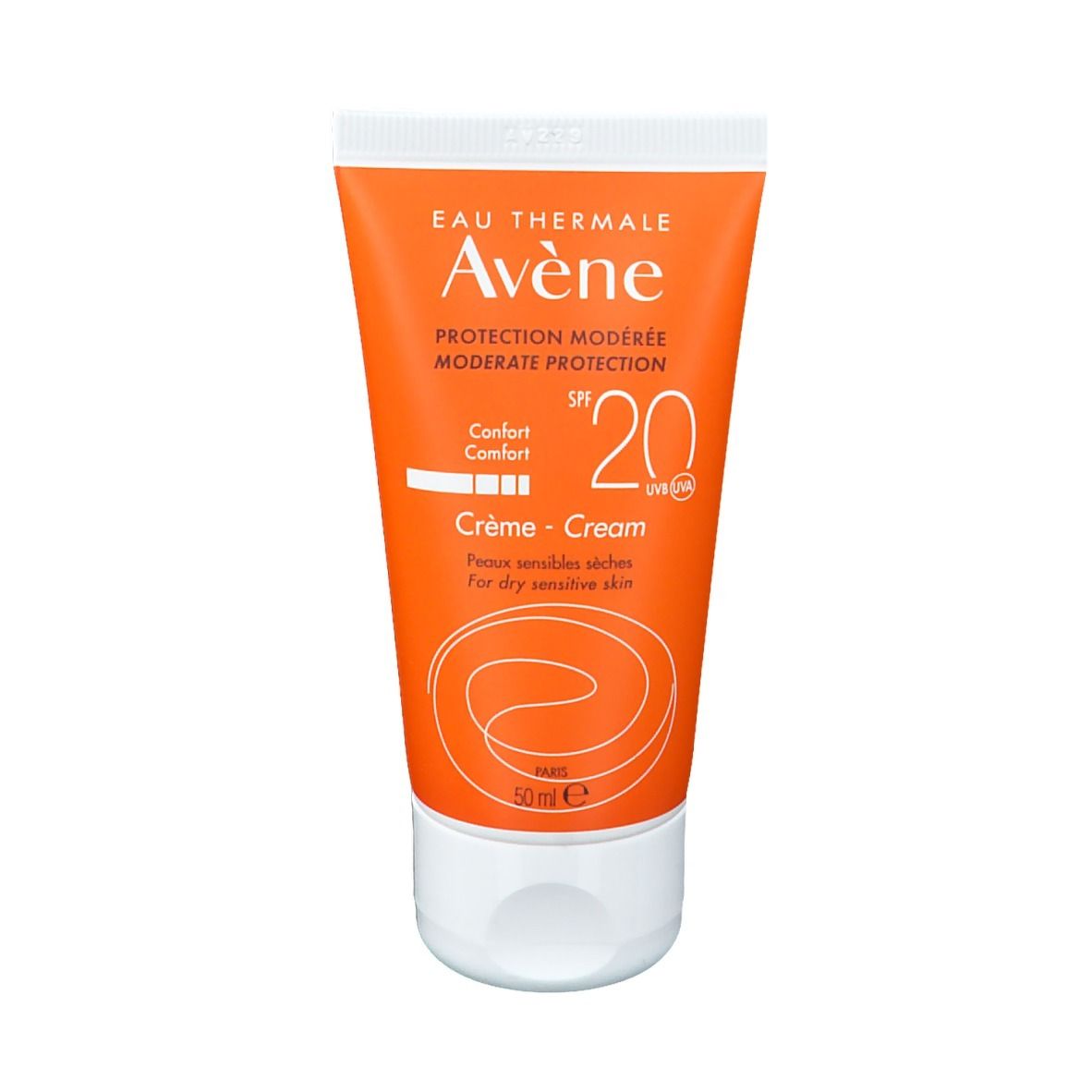 Tubo arancione con tappo bianco. Scritta: Eau Thermale Avène, Protection Modérée SPF 20, Crème, per pelli secche e sensibili.