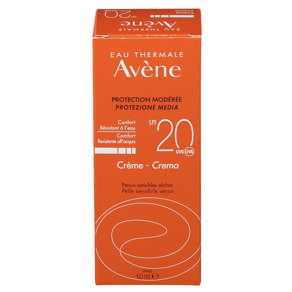 Scatola arancione. Scritta: Eau Thermale Avène, Protection Modérée SPF 20, Crème, per pelli secche e sensibili. 50ml.