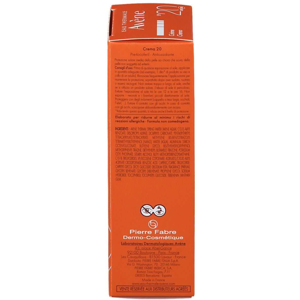 Retro di una scatola arancione. Testo multilingue. Informazioni del produttore. Pierre Fabre Dermo-Cosmétique.