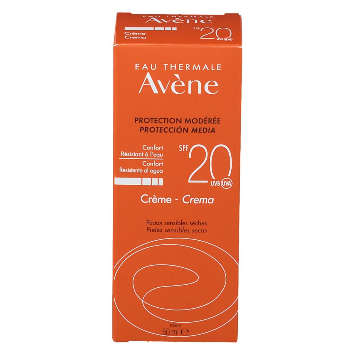 Scatola arancione. Scritta: Eau Thermale Avène, Protection Modérée SPF 20, Crème, per pelli secche e sensibili. 50ml.