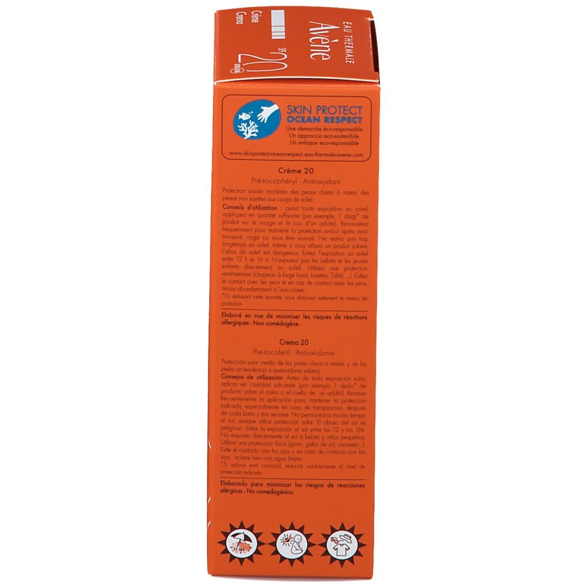 Retro di una scatola arancione. Testo multilingue. Informazioni del produttore. Skin Protect Ocean Respect.