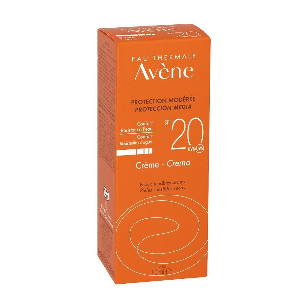 Scatola arancione. Scritta: Eau Thermale Avène, Protection Modérée SPF 20, Crème, per pelli secche e sensibili. 50ml.
