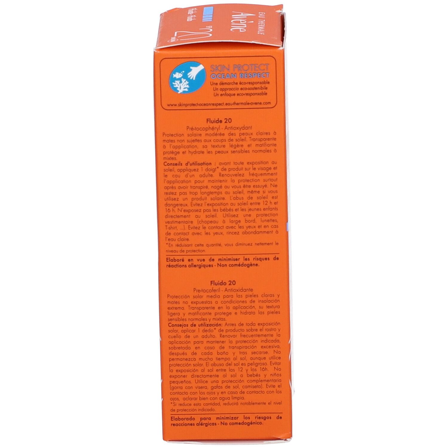 Côté de la boîte. Texte multilingue. Informations sur l'utilisation et les ingrédients.