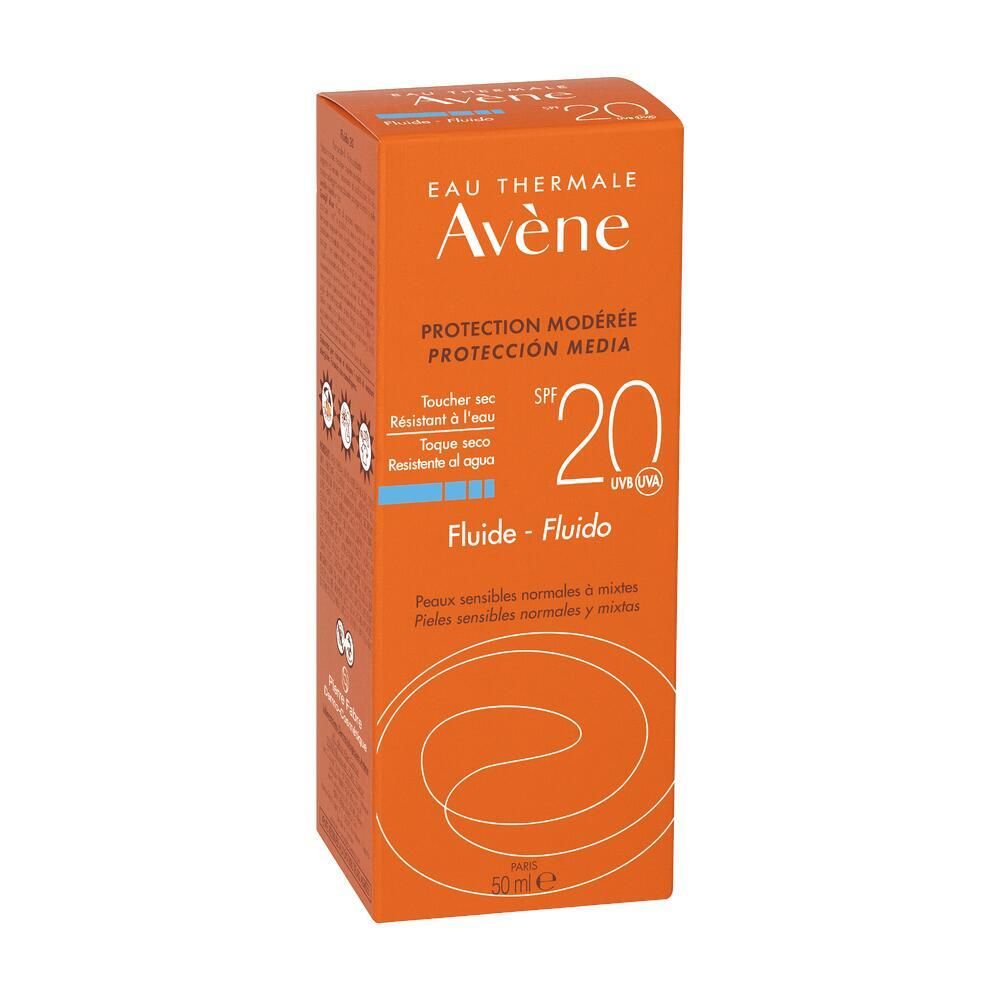Boîte orange. Inscription: Eau Thermale Avène, SPF 20, Flui-Fluido. Pour peaux normales à mixtes. 50ml.
