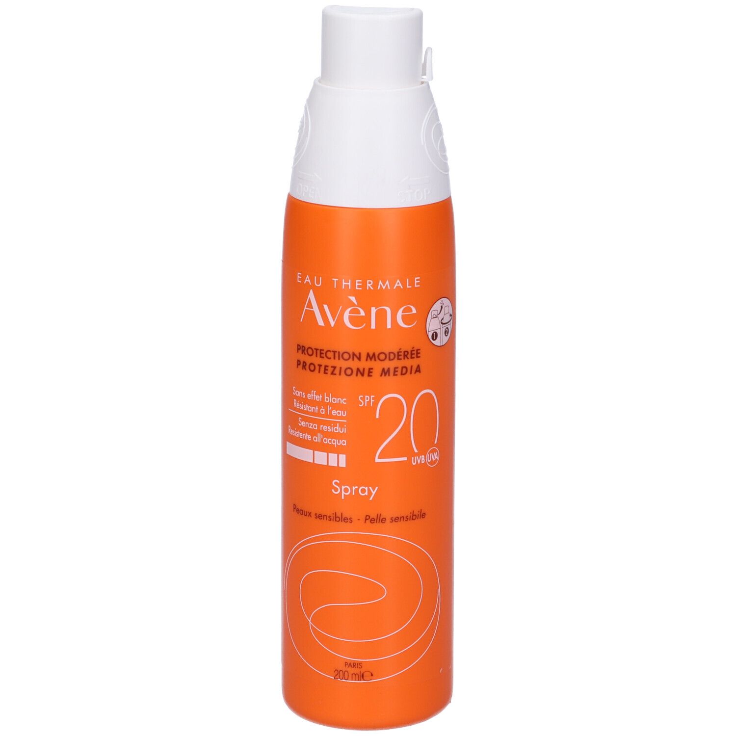 Flacone spray arancione con tappo bianco. Scritta: Eau Thermale Avène, SPF 20. Protezione media.