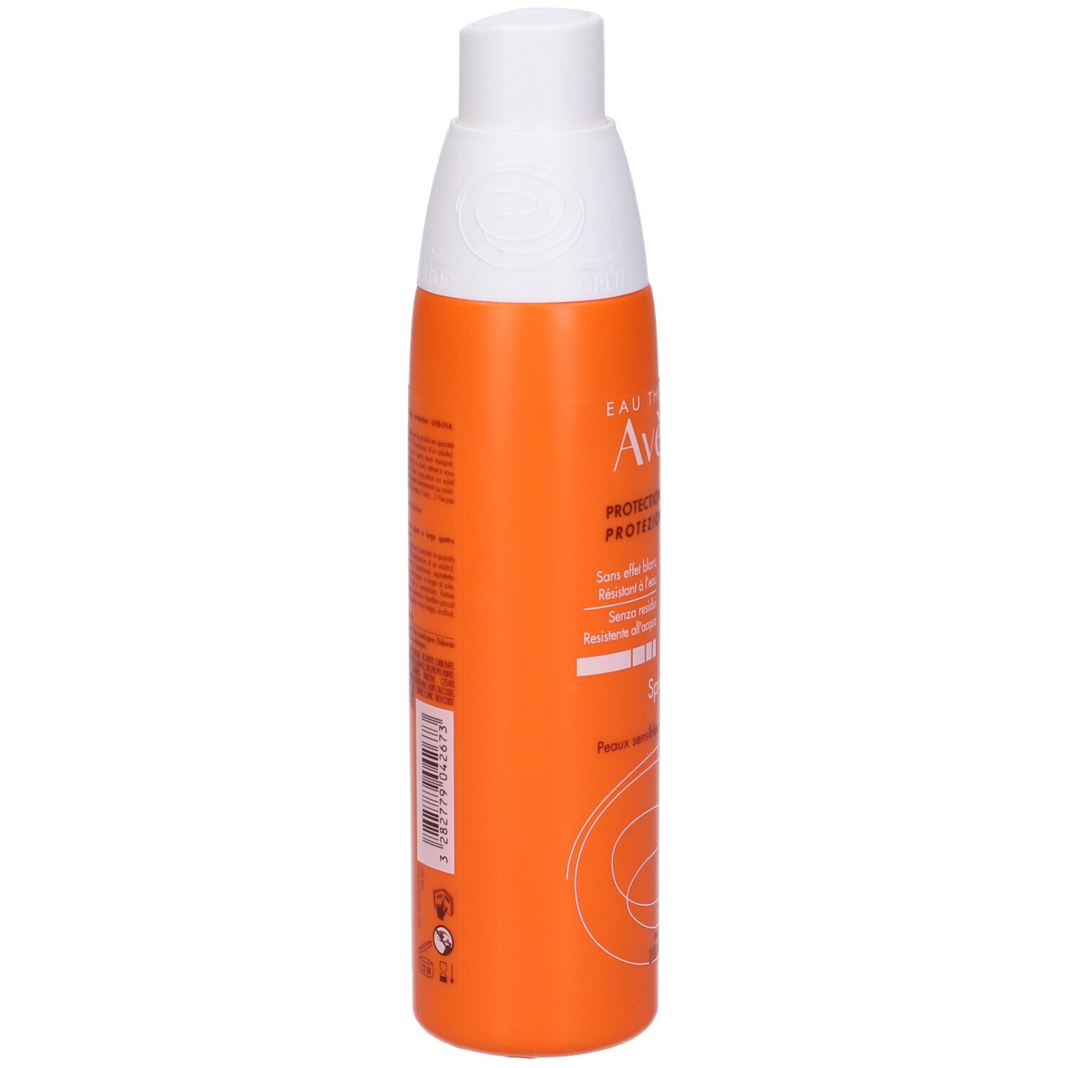 Retro di un flacone spray arancione. Informazioni testuali e loghi. Skin Protect Ocean Respect.