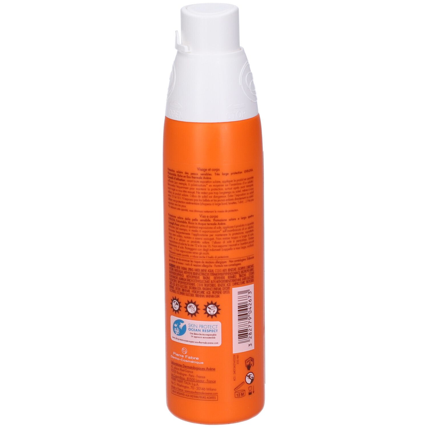 Retro di un flacone spray arancione. Informazioni testuali e loghi. Skin Protect Ocean Respect.