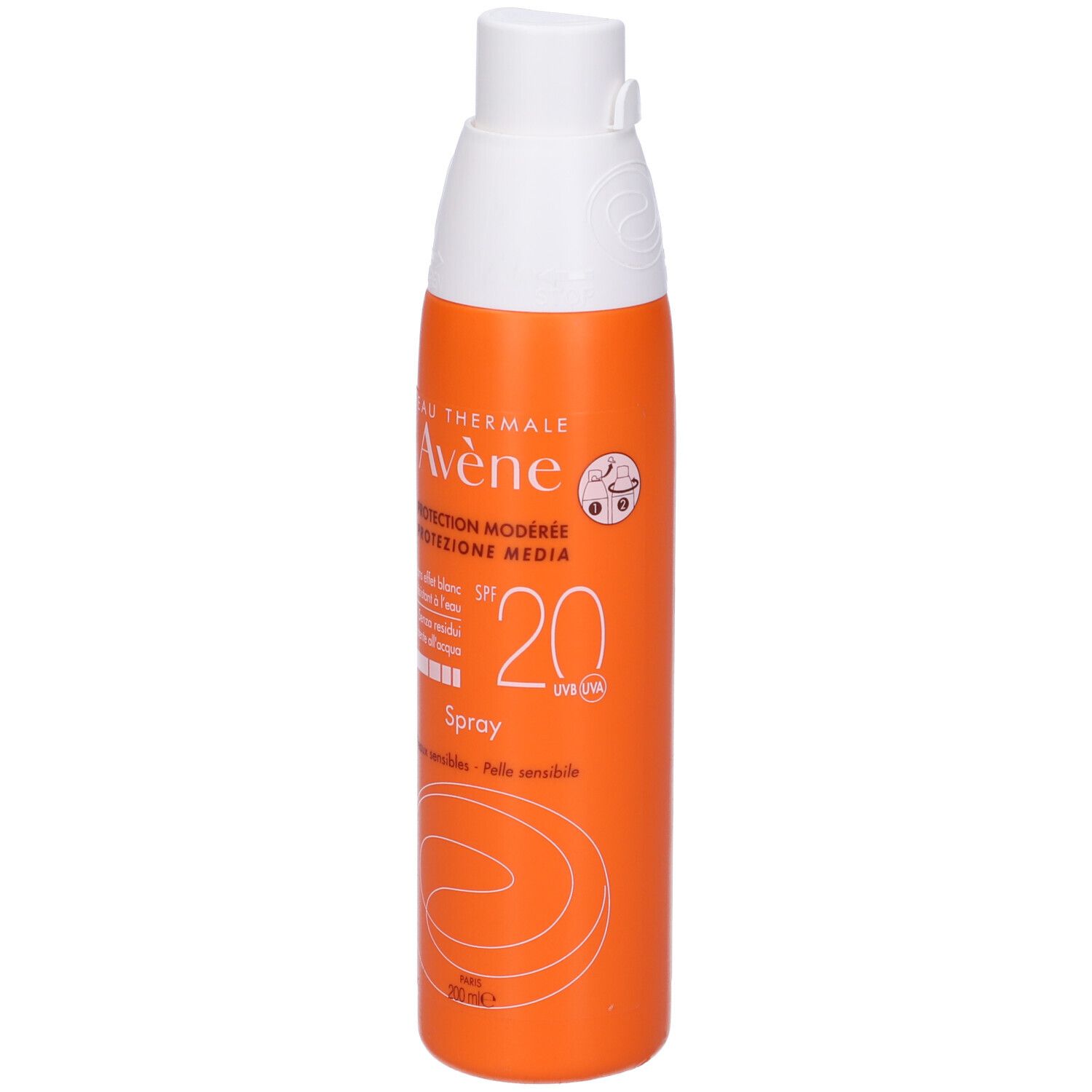 Flacone spray arancione con tappo bianco. Scritta: Eau Thermale Avène, SPF 20. Protezione media.