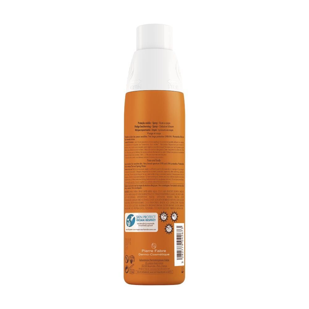 Retro di un flacone spray arancione. Informazioni testuali e loghi. Skin Protect Ocean Respect.