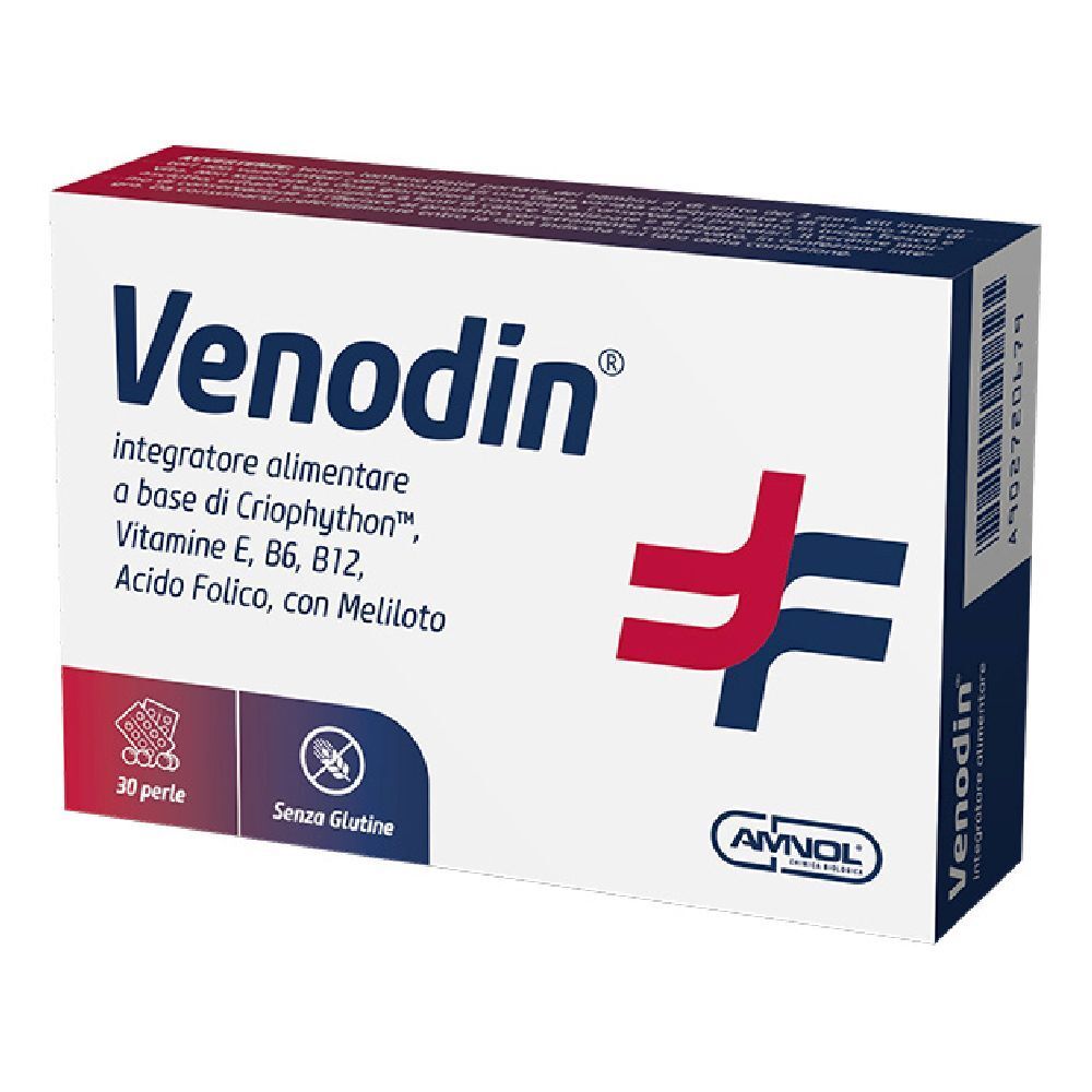 Scatola "Venodin". Contiene 30 perle. Logo e informazioni. Senza glutine.
