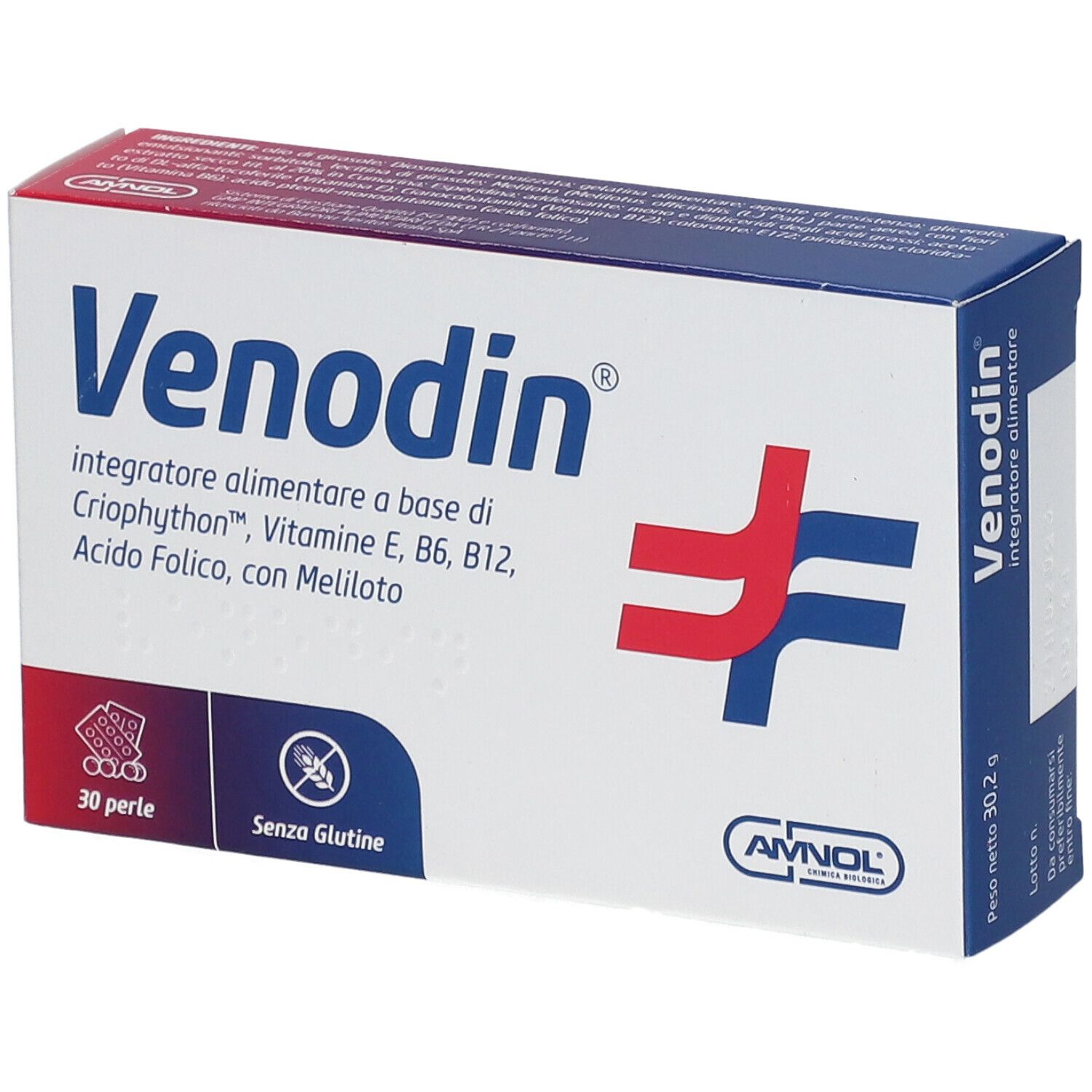 Scatola "Venodin" con informazioni. Contiene 30 perle. Logo e peso.