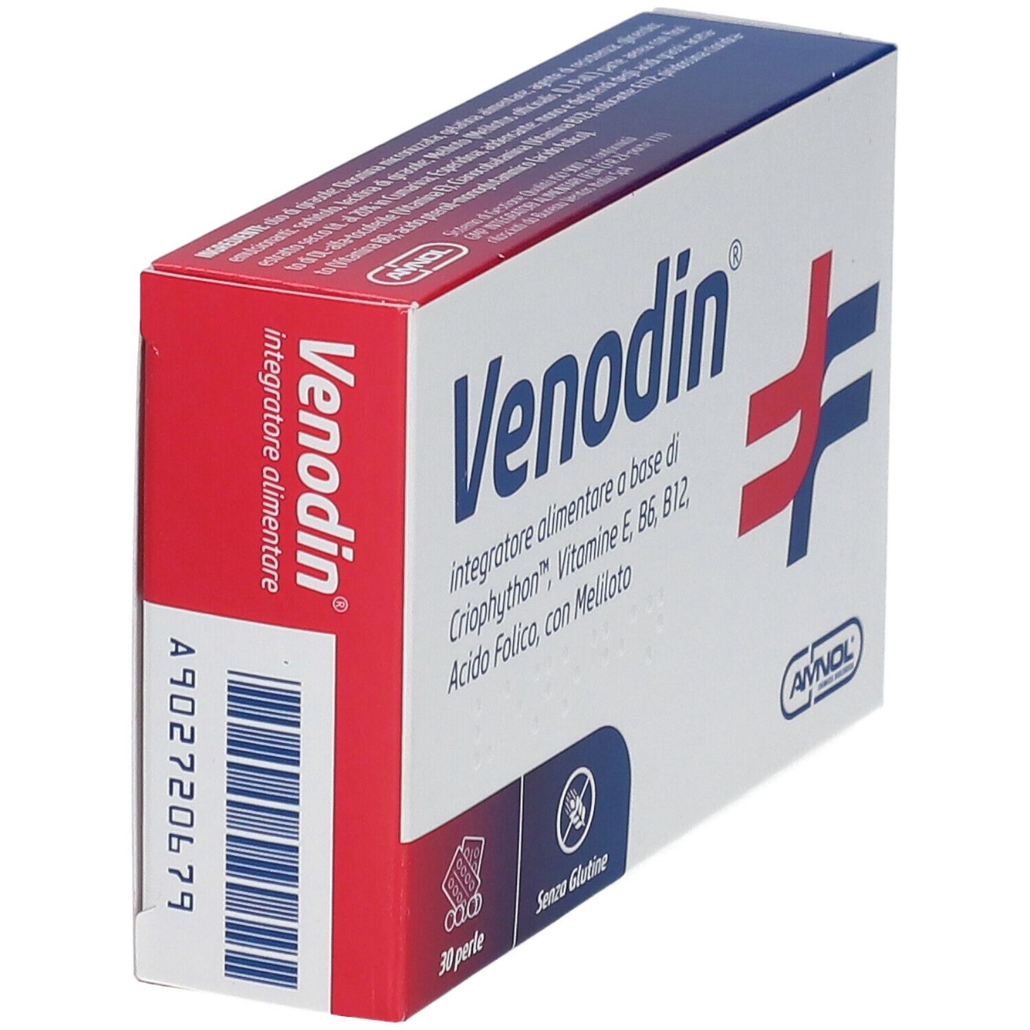 Scatola "Venodin" con informazioni. Contiene 30 perle. Logo e peso.