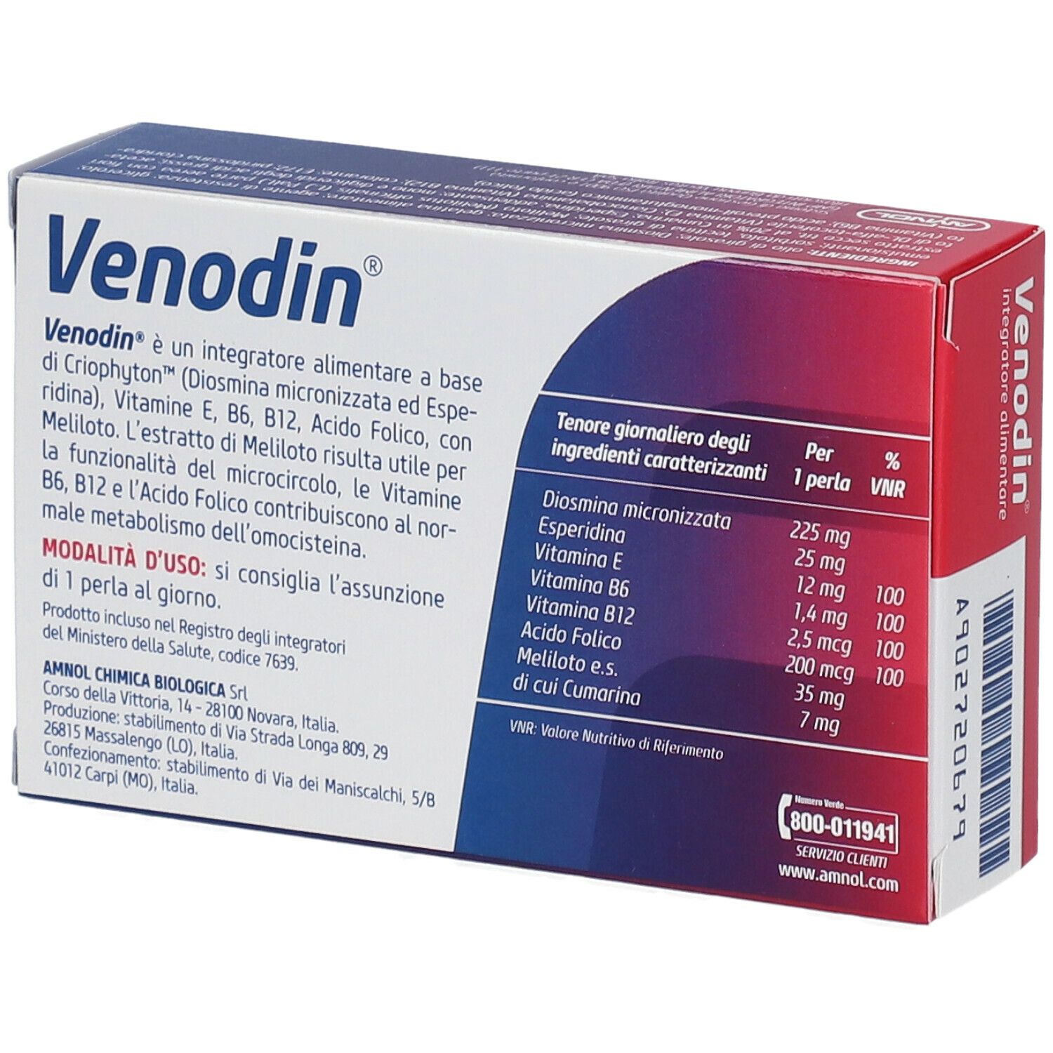 Retro della scatola "Venodin". Contiene informazioni e dosaggio.