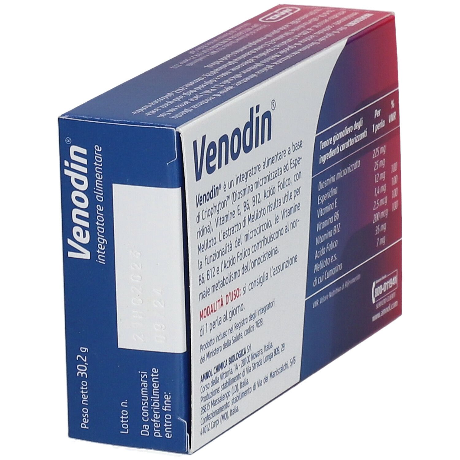 Retro della scatola "Venodin". Contiene informazioni e dosaggio.