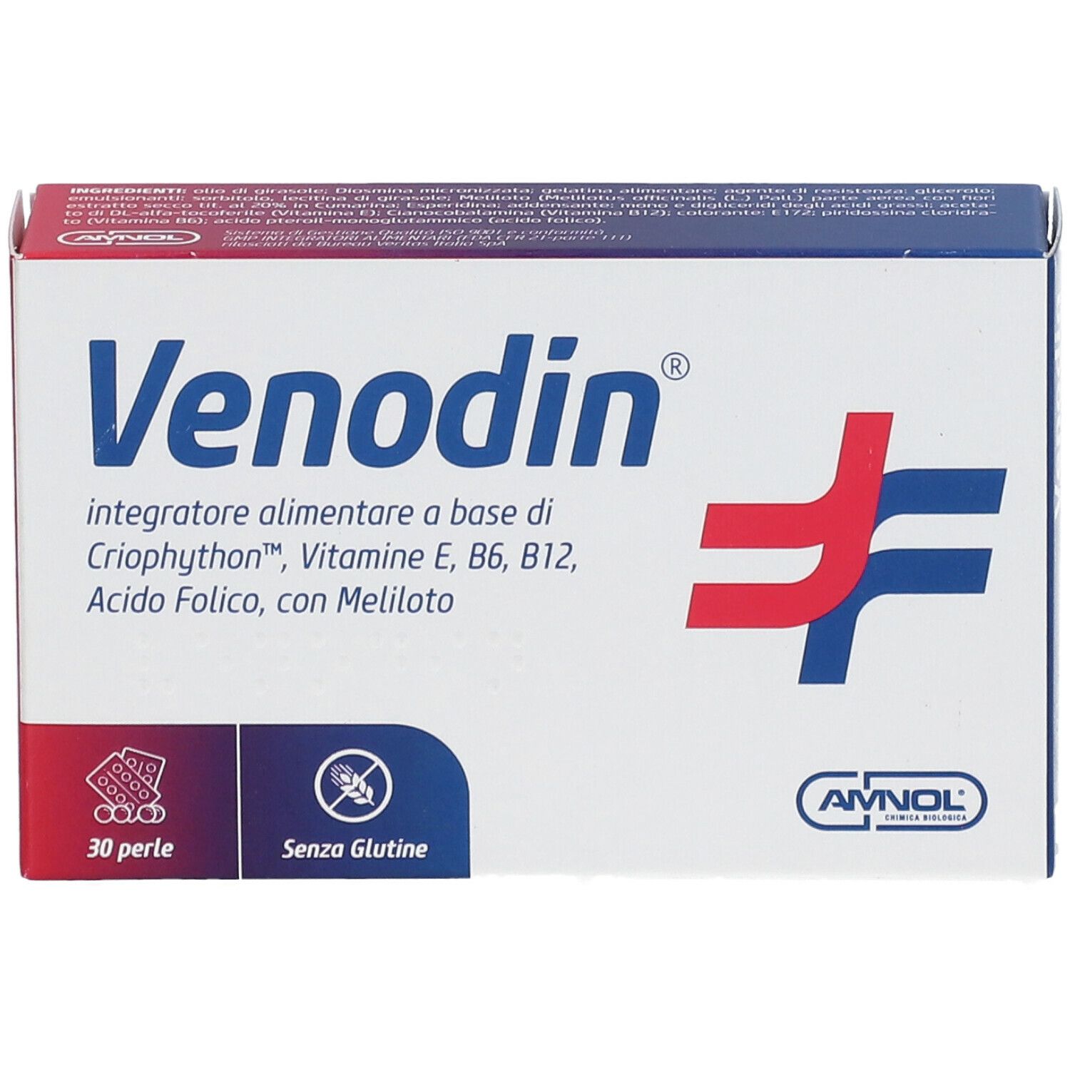 Scatola "Venodin" con 30 perle. Logo e informazioni. Senza glutine.