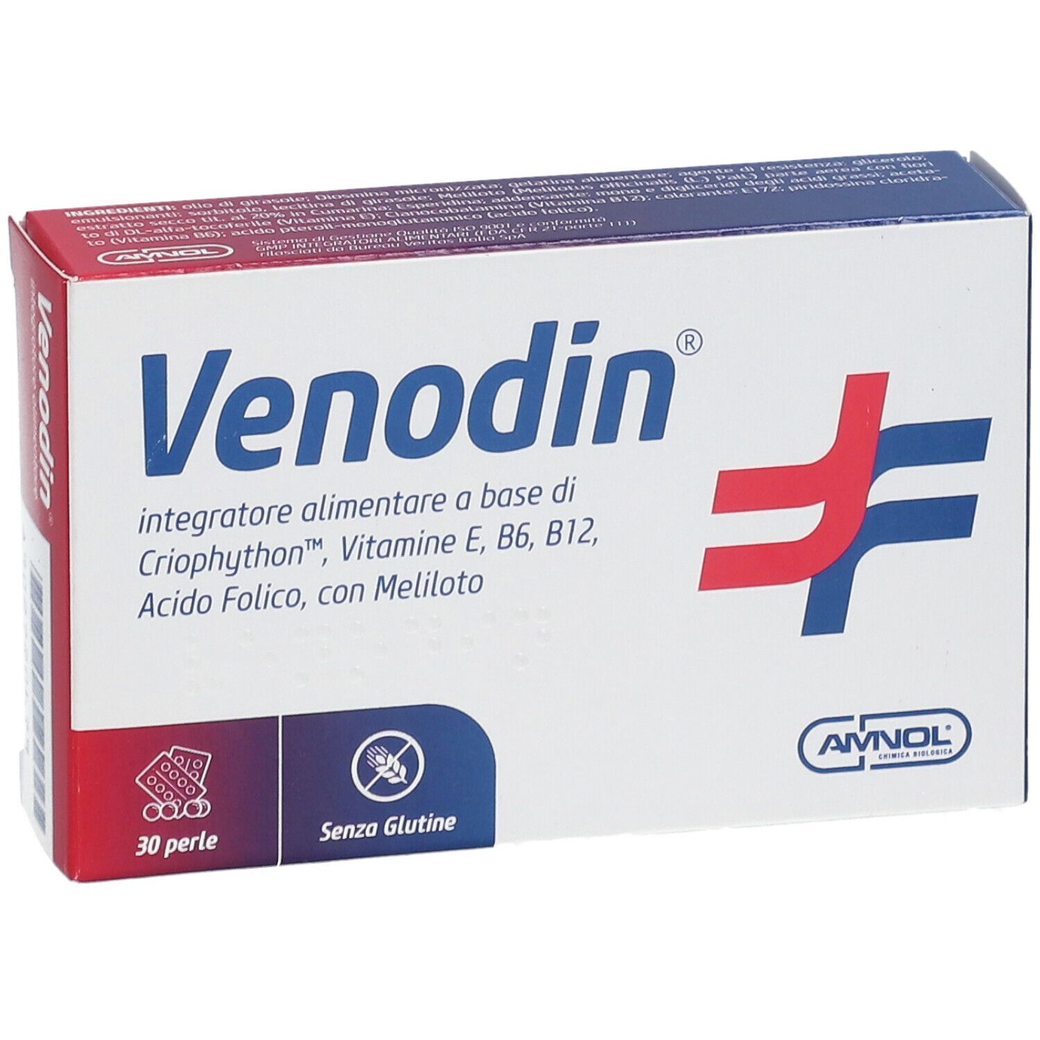 Scatola "Venodin" con 30 perle. Logo e informazioni. Senza glutine.