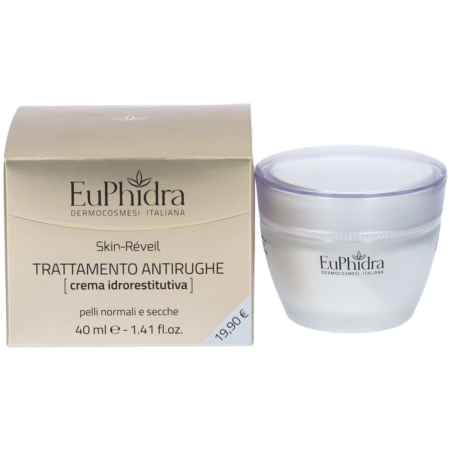 Produkt und Verpackung. Tiegel und Karton. Aufschrift EuPhidra, Skin-Réveil, 40 ml, 19,90€.