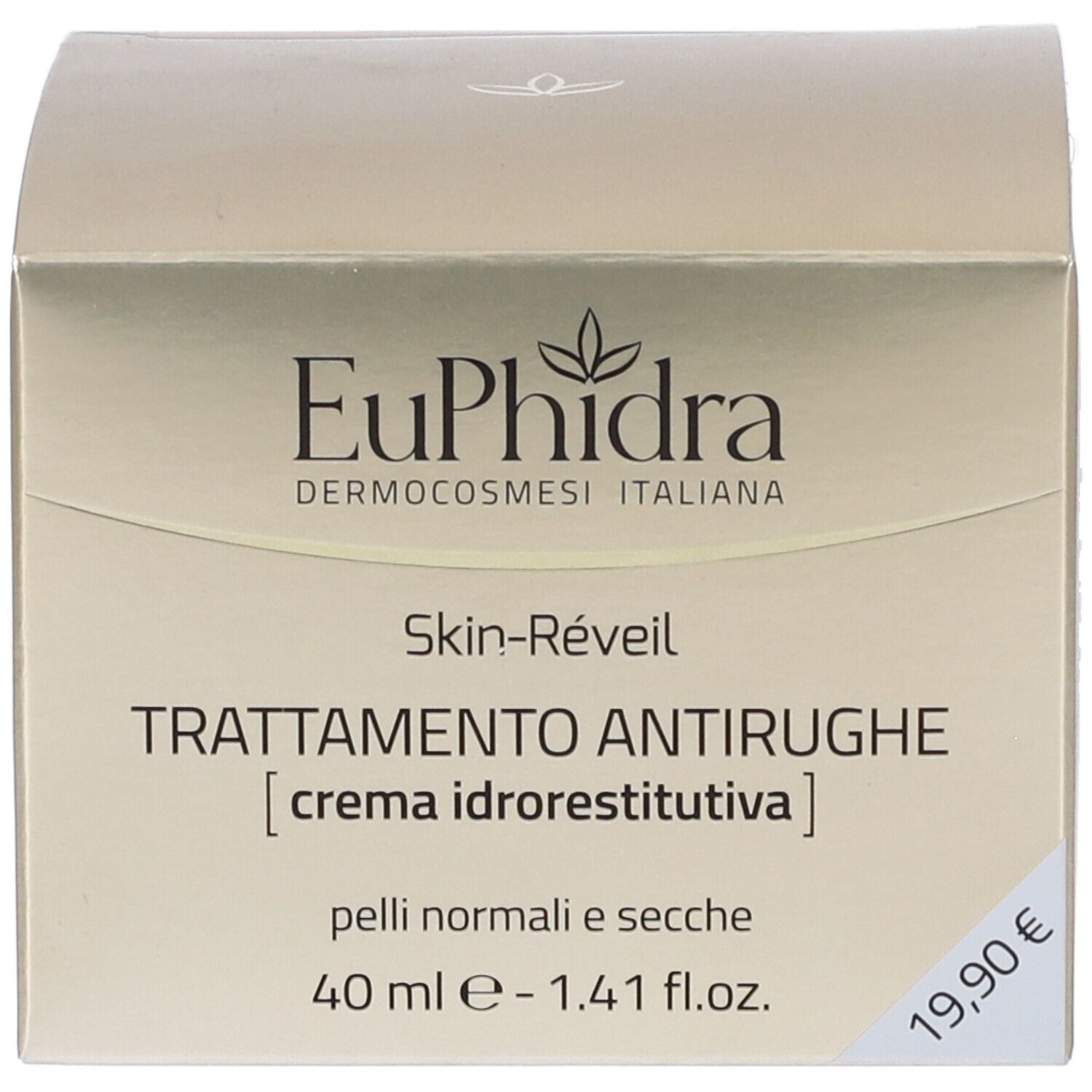 Karton mit Aufschrift EuPhidra, Skin-Réveil, Trattamento Antirughe, 40 ml, 19,90€.