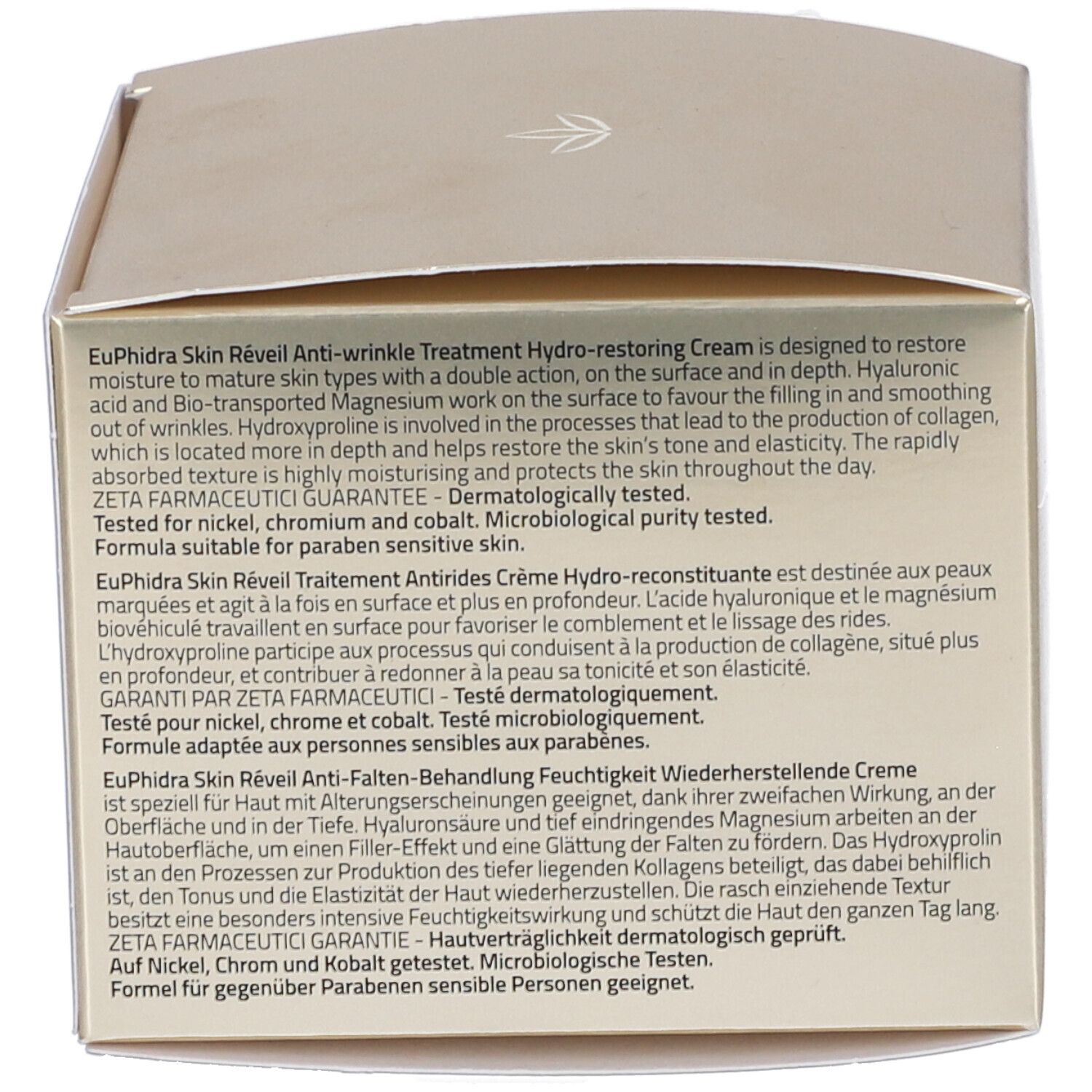Kartonrückseite. Text in mehreren Sprachen. ZETA FARMACEUTICI GARANTIE. Dermatologisch getestet.
