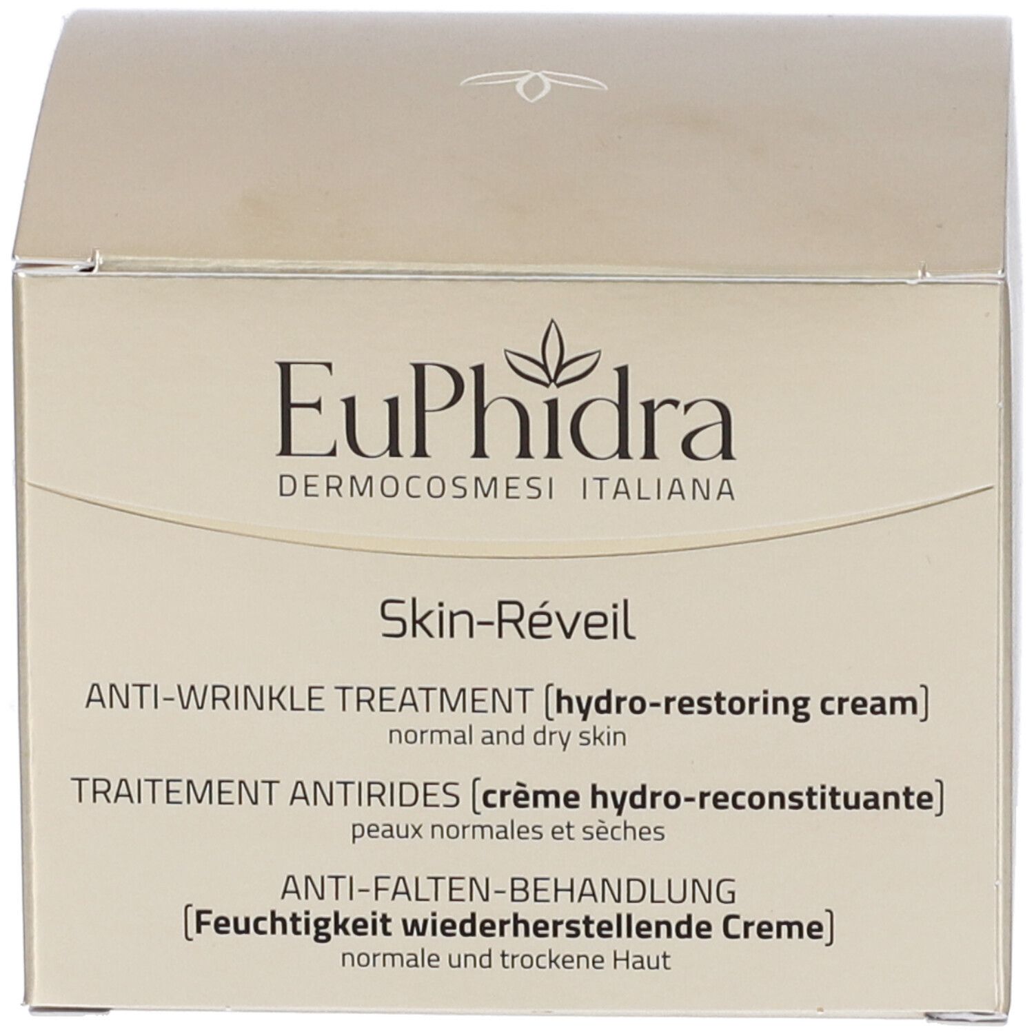 Karton. Aufschrift EuPhidra, Skin-Réveil, Anti-Falten-Behandlung, normale und trockene Haut.