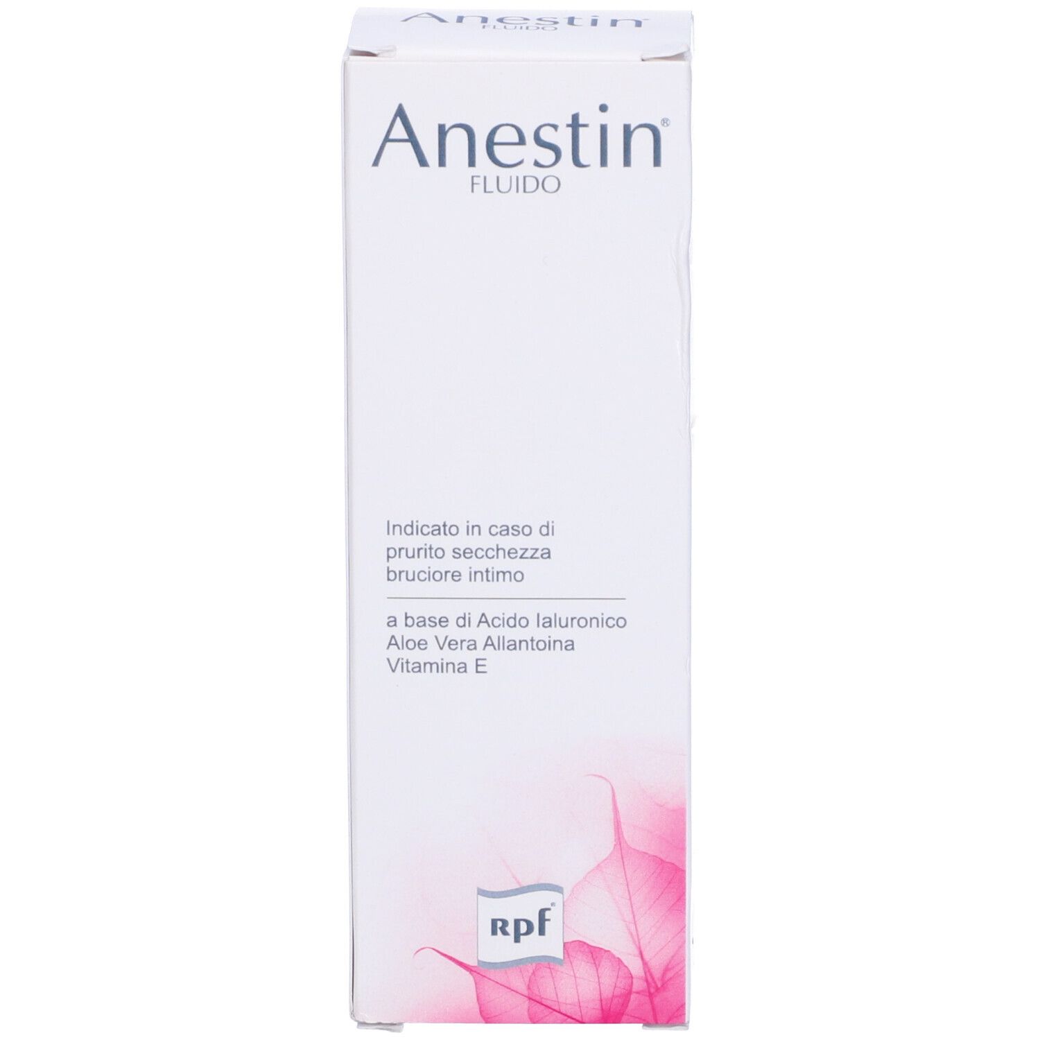 Scatola Anestin Fluido. Testo su secchezza e prurito. Motivo floreale rosa.