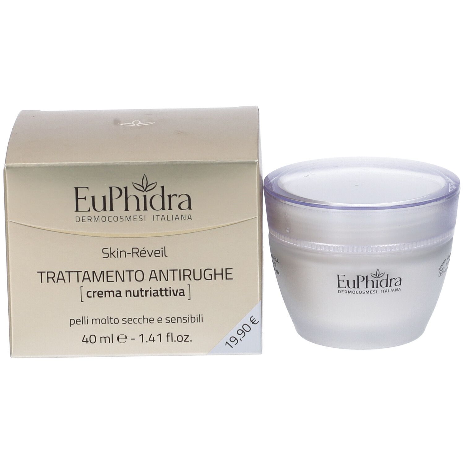 EuPhidra Anti-Falten-Creme im Tiegel neben der geöffneten Produktverpackung.