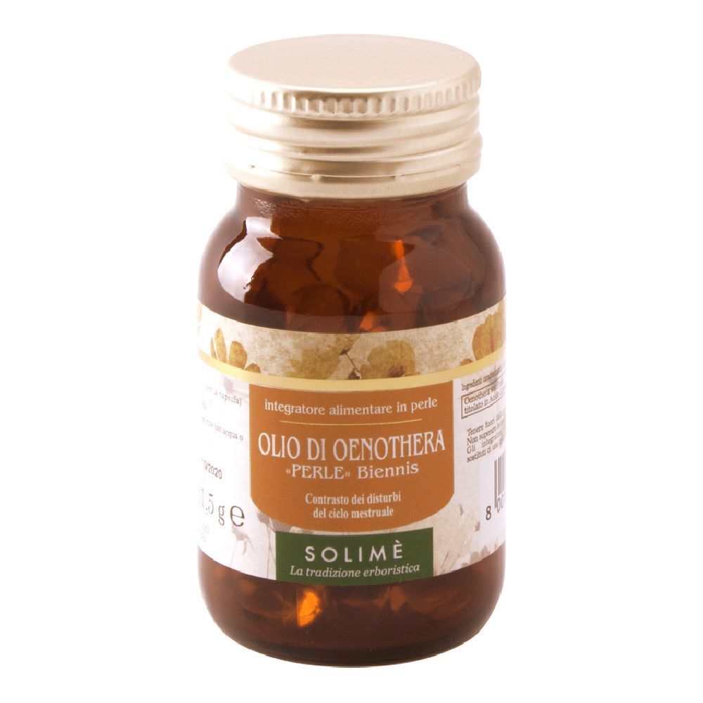 Flacone di vetro marrone con tappo dorato. Etichetta con informazioni sul prodotto. Scritta: Olio di Oenothera, Perle-Biennis.