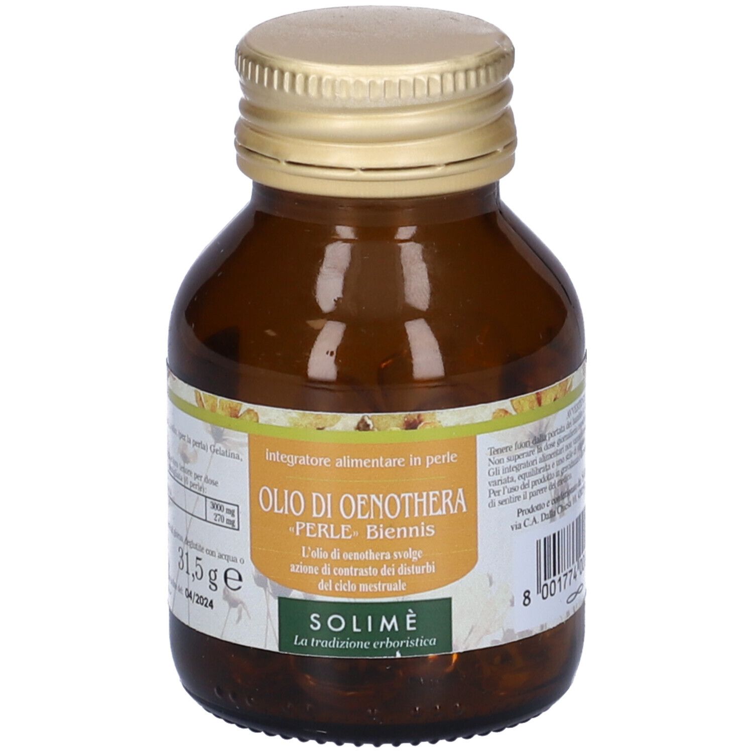 Flacone di vetro marrone con tappo dorato. Etichetta con informazioni sul prodotto. Scritta: Olio di Oenothera, Perle-Biennis.