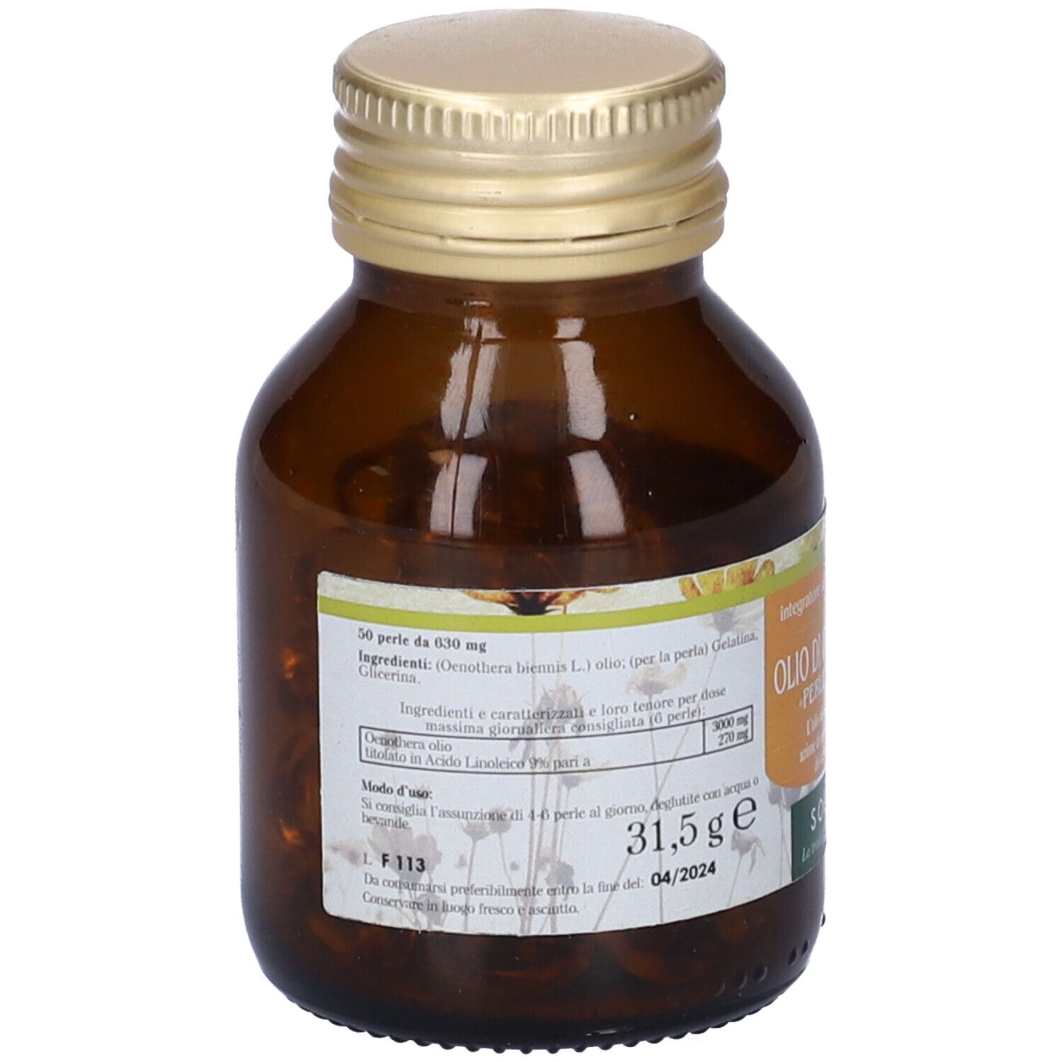 Flacone di vetro marrone con tappo dorato. Etichetta con informazioni sul prodotto. Scritta: Olio di Oenothera, Perle-Biennis.