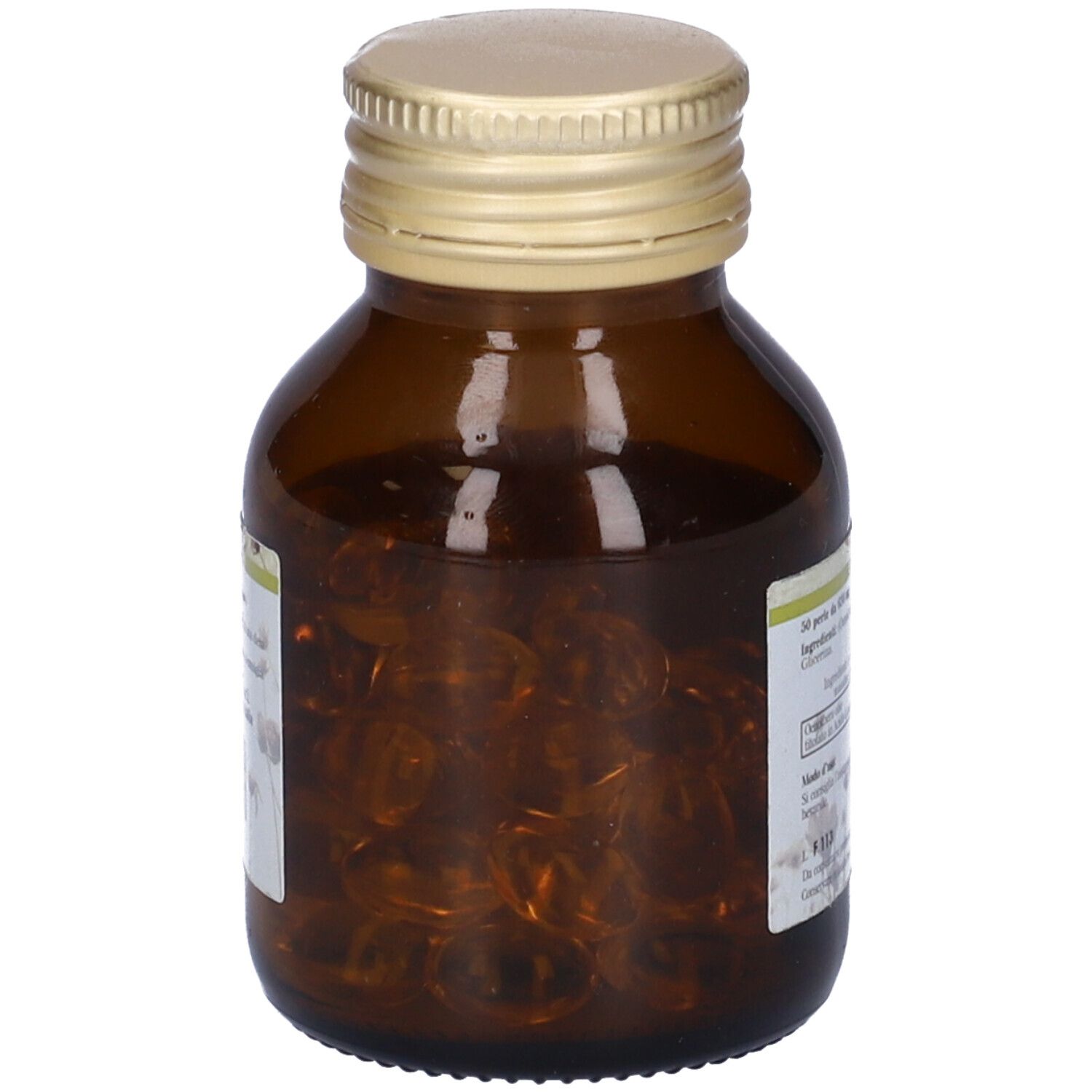 Flacone di vetro marrone con tappo dorato. Capsule visibili. Etichetta con informazioni sul prodotto. Scritta: Olio di Oenothera.