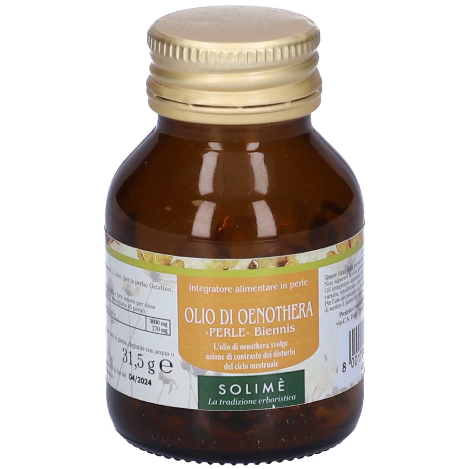 Flacone di vetro marrone con tappo dorato. Etichetta con informazioni sul prodotto. Scritta: Olio di Oenothera, Perle-Biennis.
