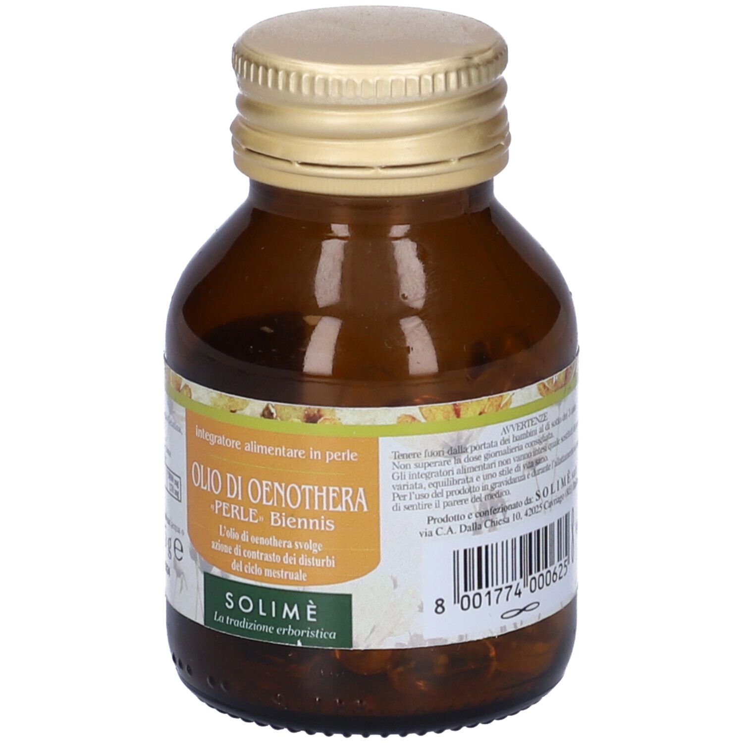 Flacone di vetro marrone con tappo dorato. Etichetta con informazioni sul prodotto. Scritta: Olio di Oenothera, Perle-Biennis.