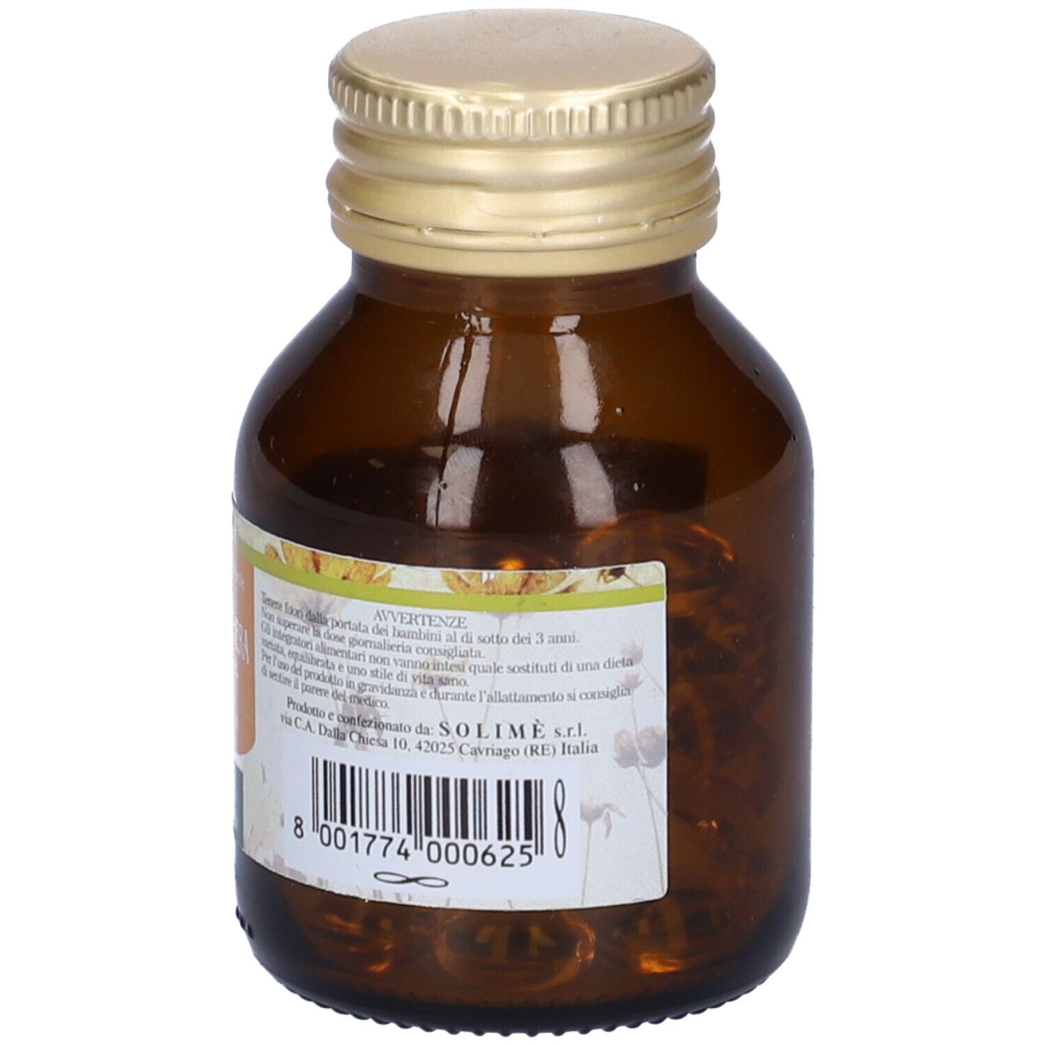Flacone di vetro marrone con tappo dorato. Etichetta con informazioni sul prodotto. Scritta: Olio di Oenothera, Perle-Biennis.