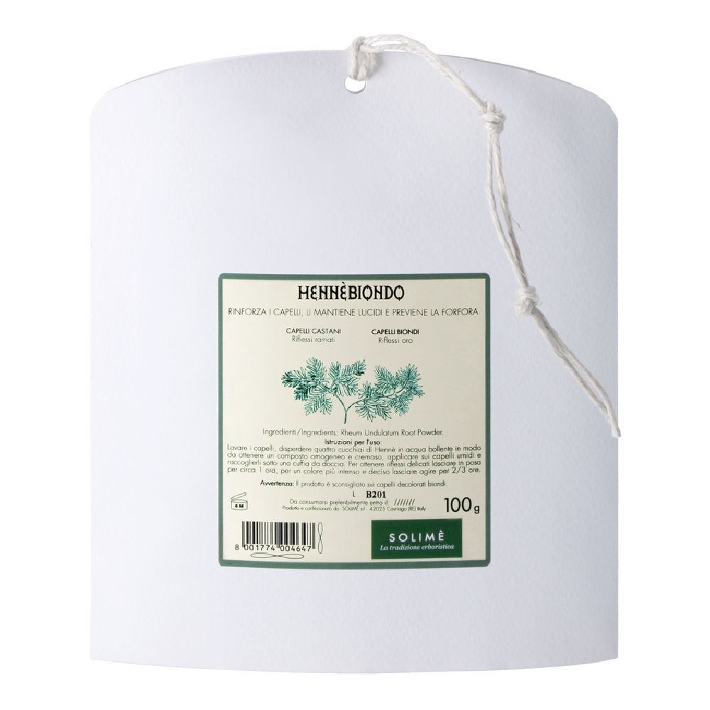 Confezione cilindrica con etichetta. Scritta: Henne Biondo, ingredienti, 100g. Marchio Solime. Cordino per appendere.