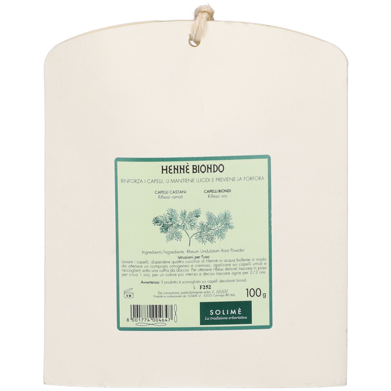 Confezione con etichetta. Scritta: Henne Biondo, ingredienti, 100g. Marchio Solime. Cordino per appendere.