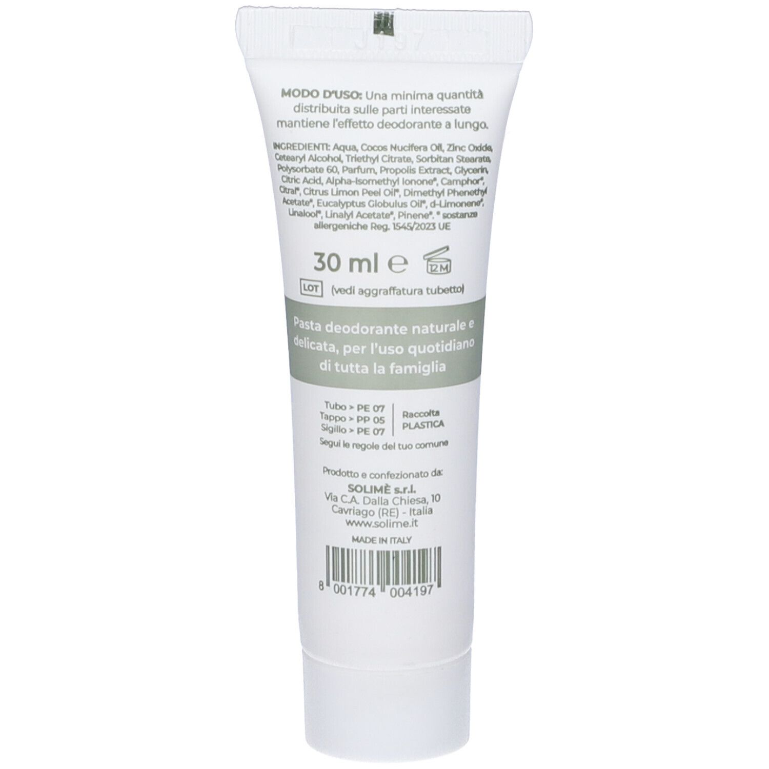 30 ml Tube mit Inhaltsstoffen und Anwendungshinweisen auf Italienisch.
