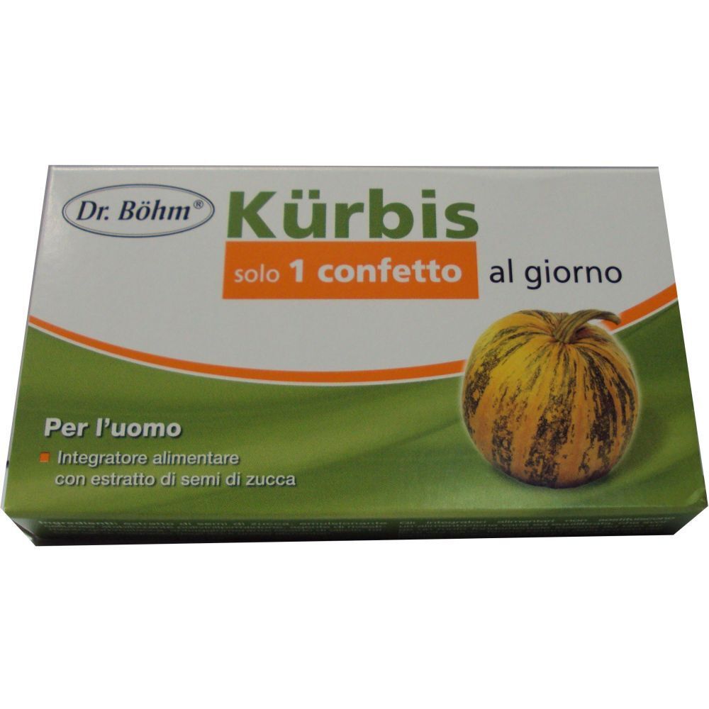 Scatola "Dr. Böhm Kürbis". Testo: "solo 1 confetto al giorno". Immagine di zucca. Scritto: "Per l'uomo".