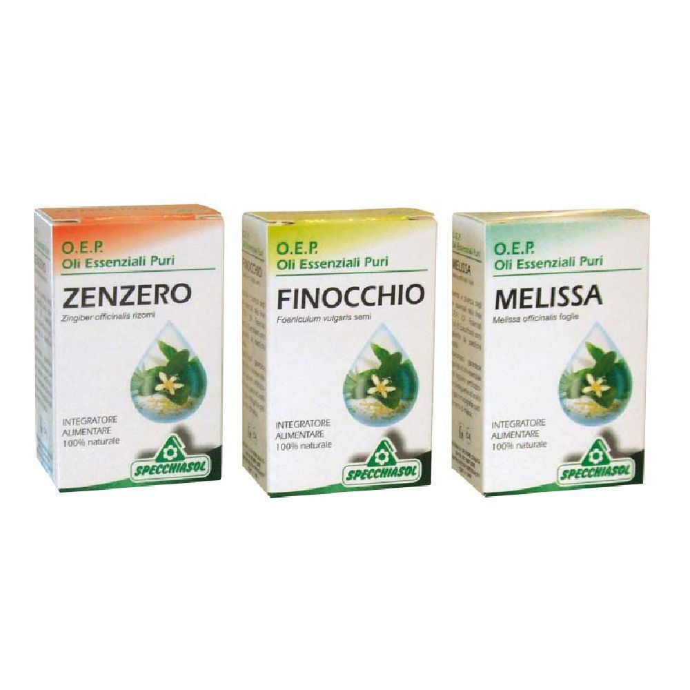 Tre scatole di oli essenziali. Scritte: Zenzero, Finocchio, Melissa. Marchio: Specchiasol.