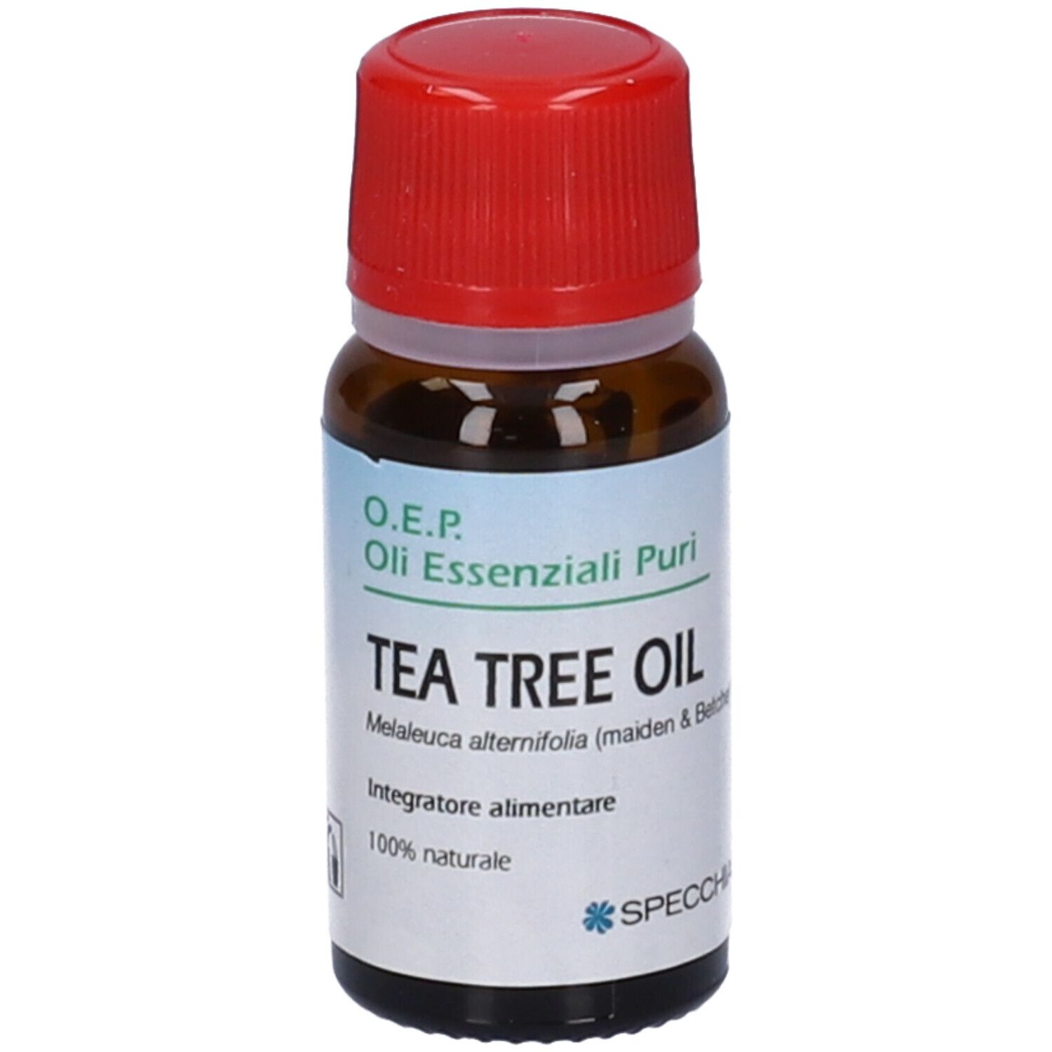Flacone di vetro marrone con tappo rosso. Scritta: Tea Tree Oil. Marchio: Specchiasol. Etichetta con informazioni.